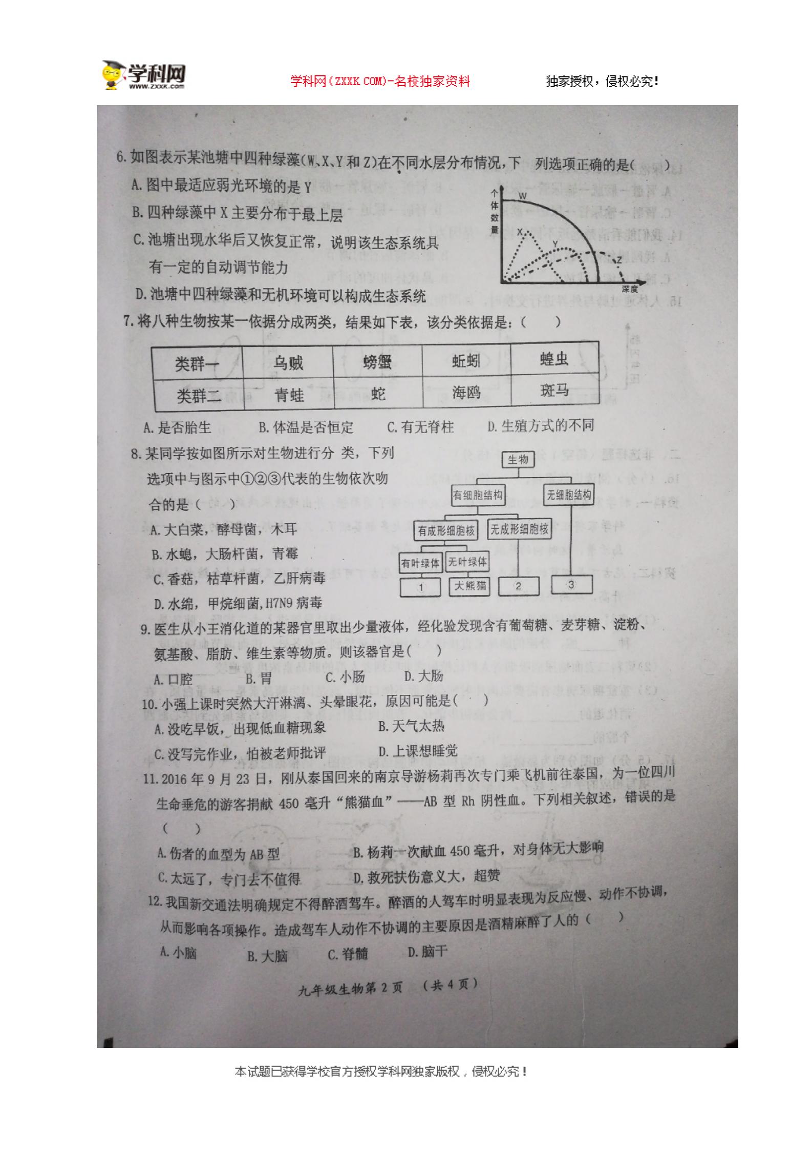 []江西省吉安市永新县2018届九年级上学期期末考试生物试题（图片版）