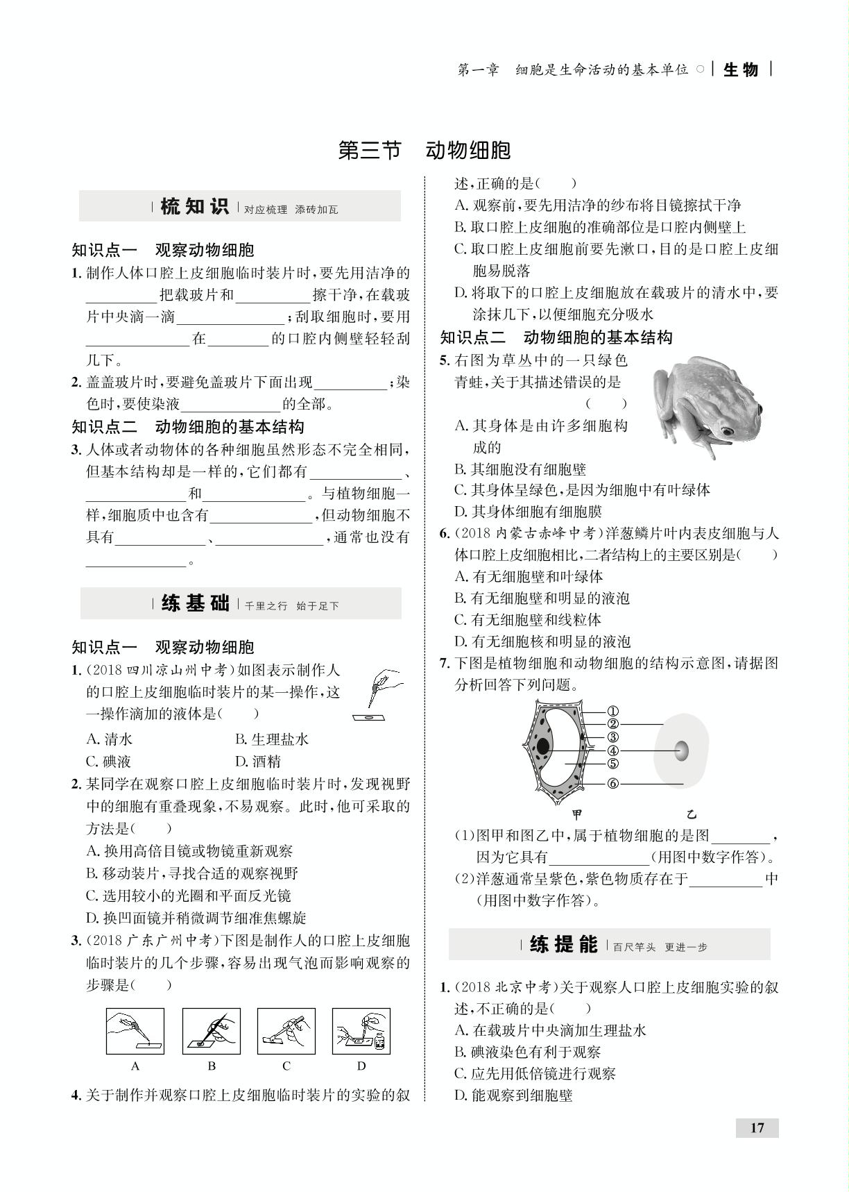 2.1.3 动物细胞（全练）-【优化设计】2019-2020学年七年级上册初一生物同步学考（人教版）