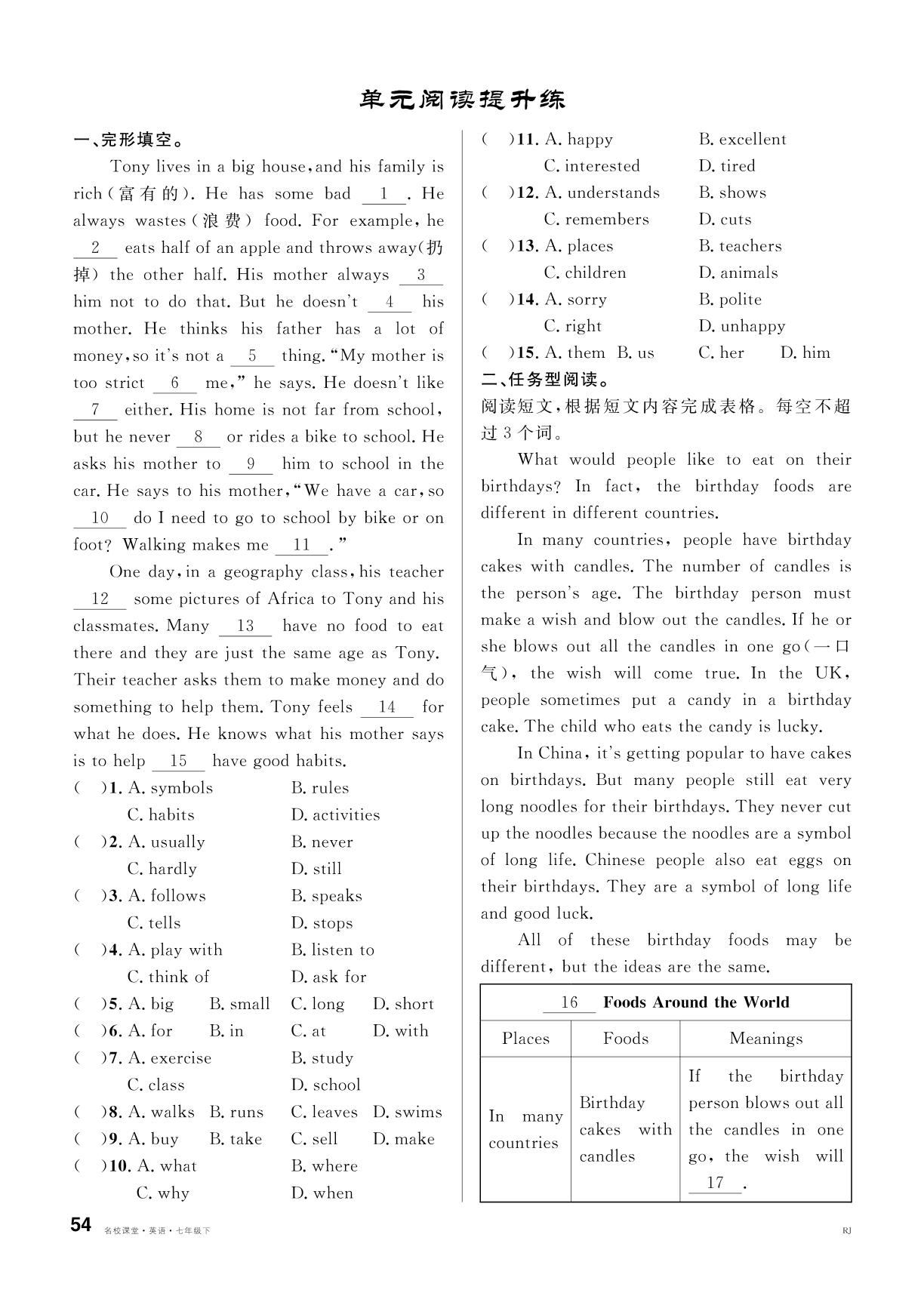 Unit 4 单元考点变式训练&单元阅读提升练&Reading Plus(选做)-【名校课堂】2024-2025学年新教材七年级下册英语同步课时训练（人教版2024）