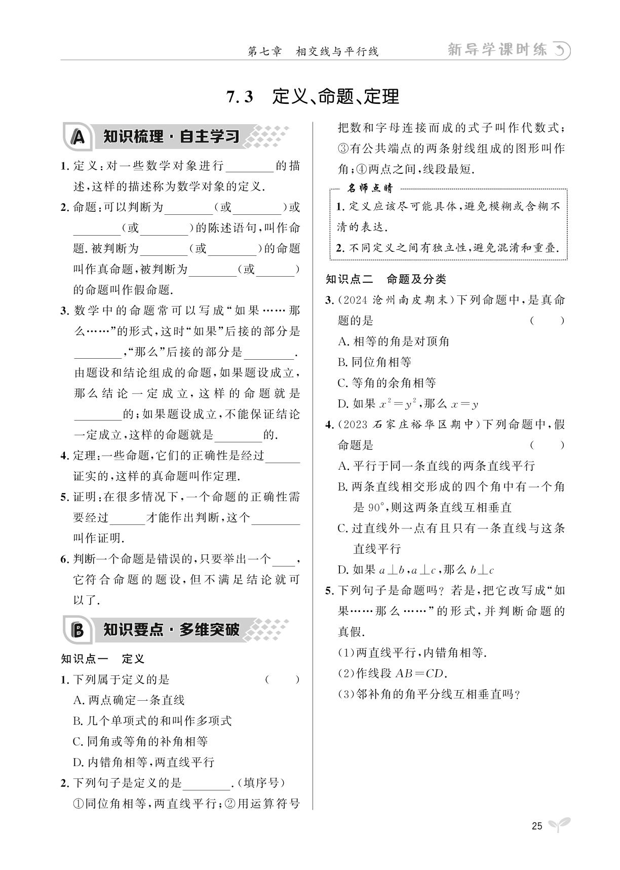 7.3 定义、命题、定理-【夺冠百分百】2024-2025学年新教材七年级下册数学新导学课时练（人教版2024）河北专版