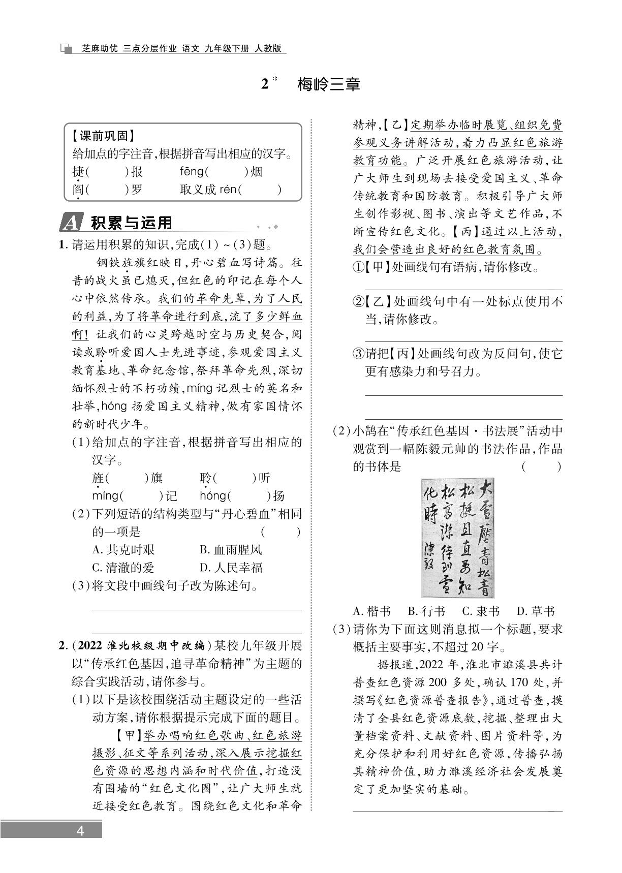 2 梅岭三章-【精英新课堂·三点分层作业】2024-2025学年九年级下册语文（安徽专版）