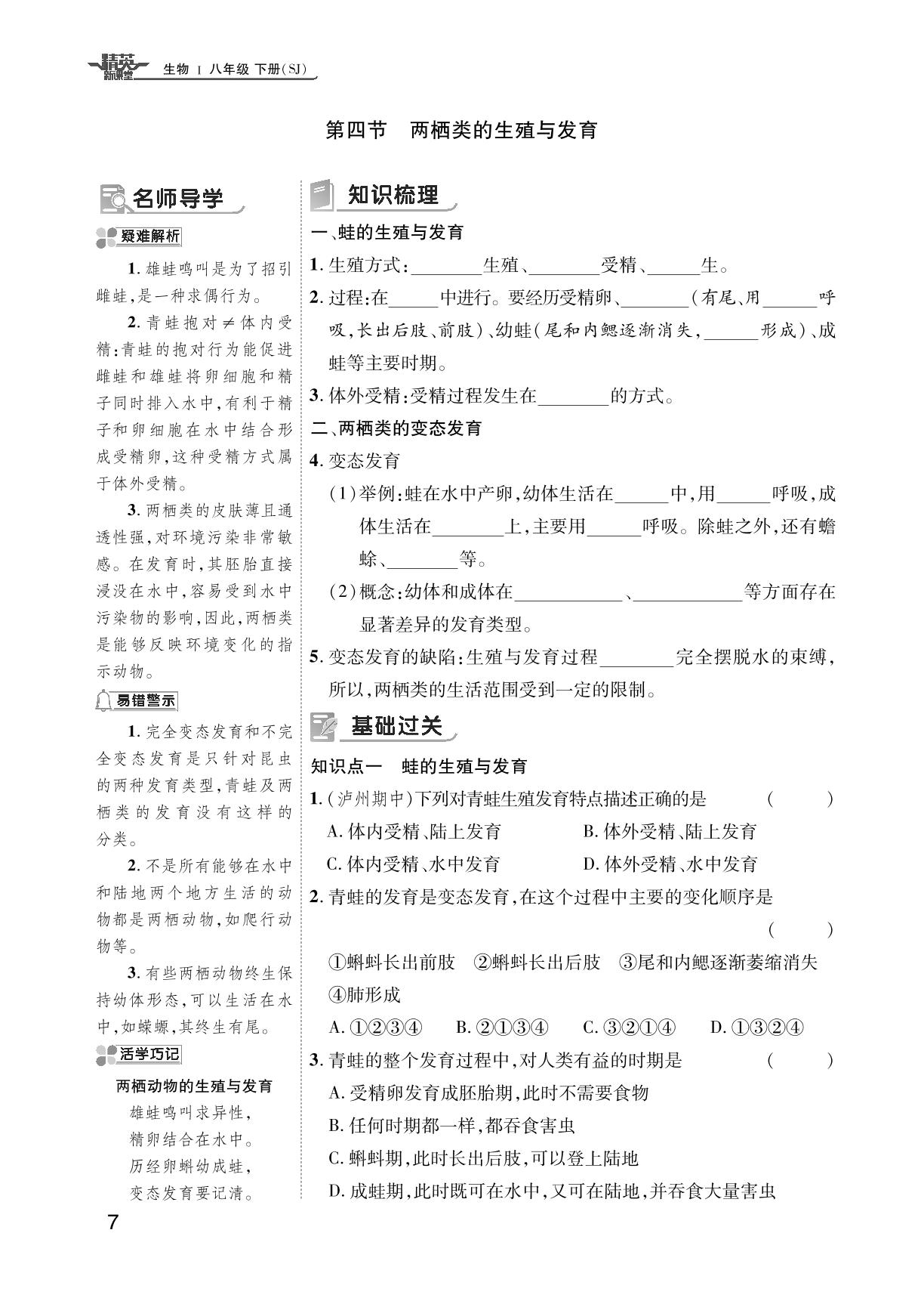 21.4 两栖类的生殖与发育-【精英新课堂·三点分层作业】2024-2025学年八年级下册生物（苏教版）