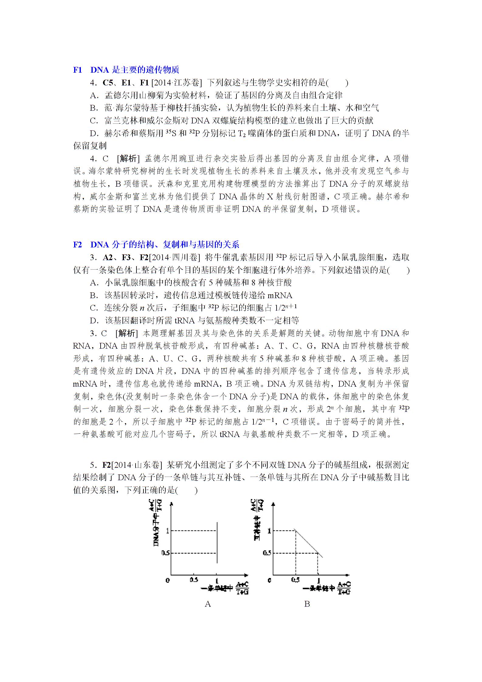 2014年高考生物（高考真题+模拟新题）分类汇编：F单元  遗传的分子（物质）基础