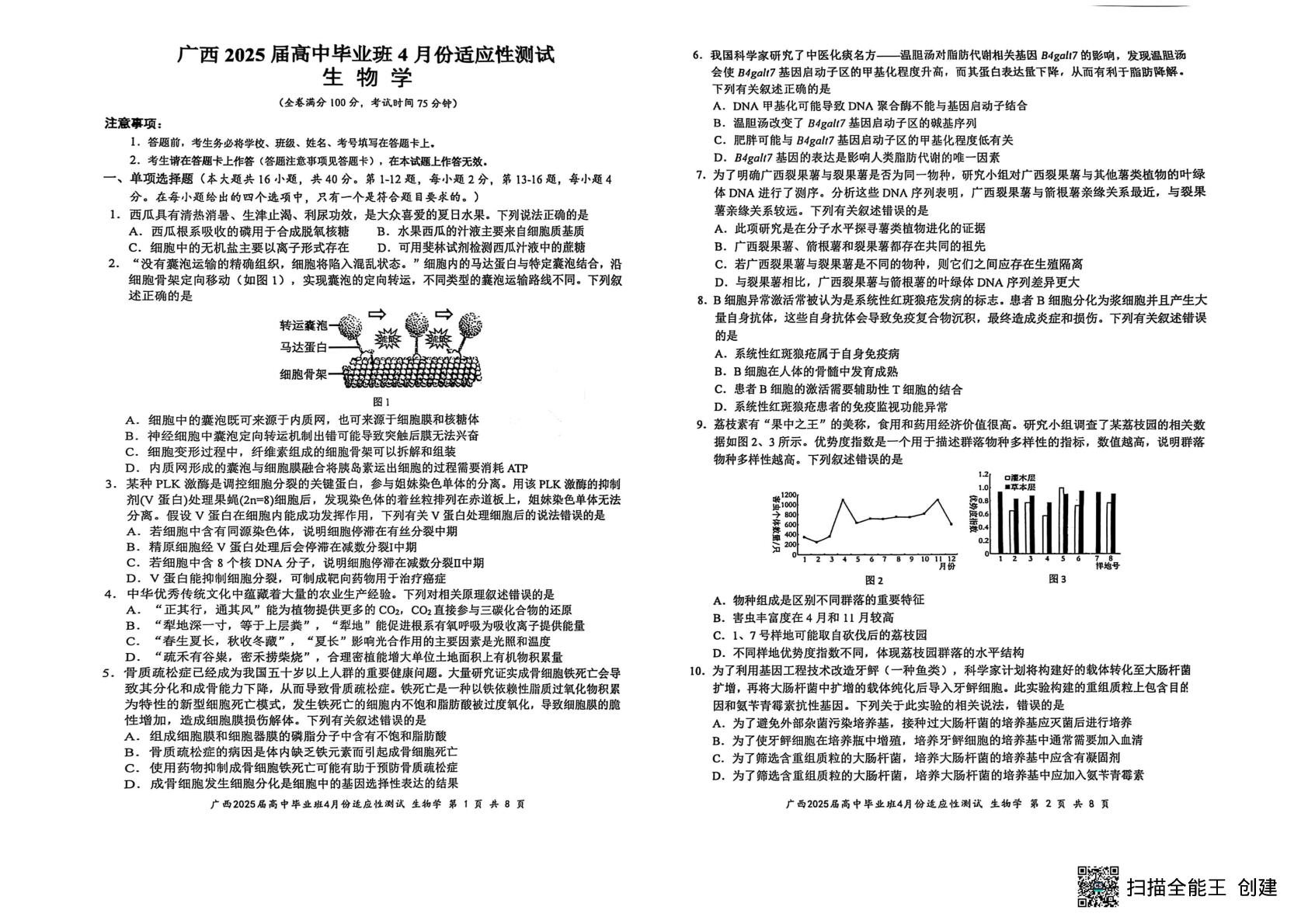 2025届广西壮族自治区玉林市高三下学期4月模拟预测生物试题