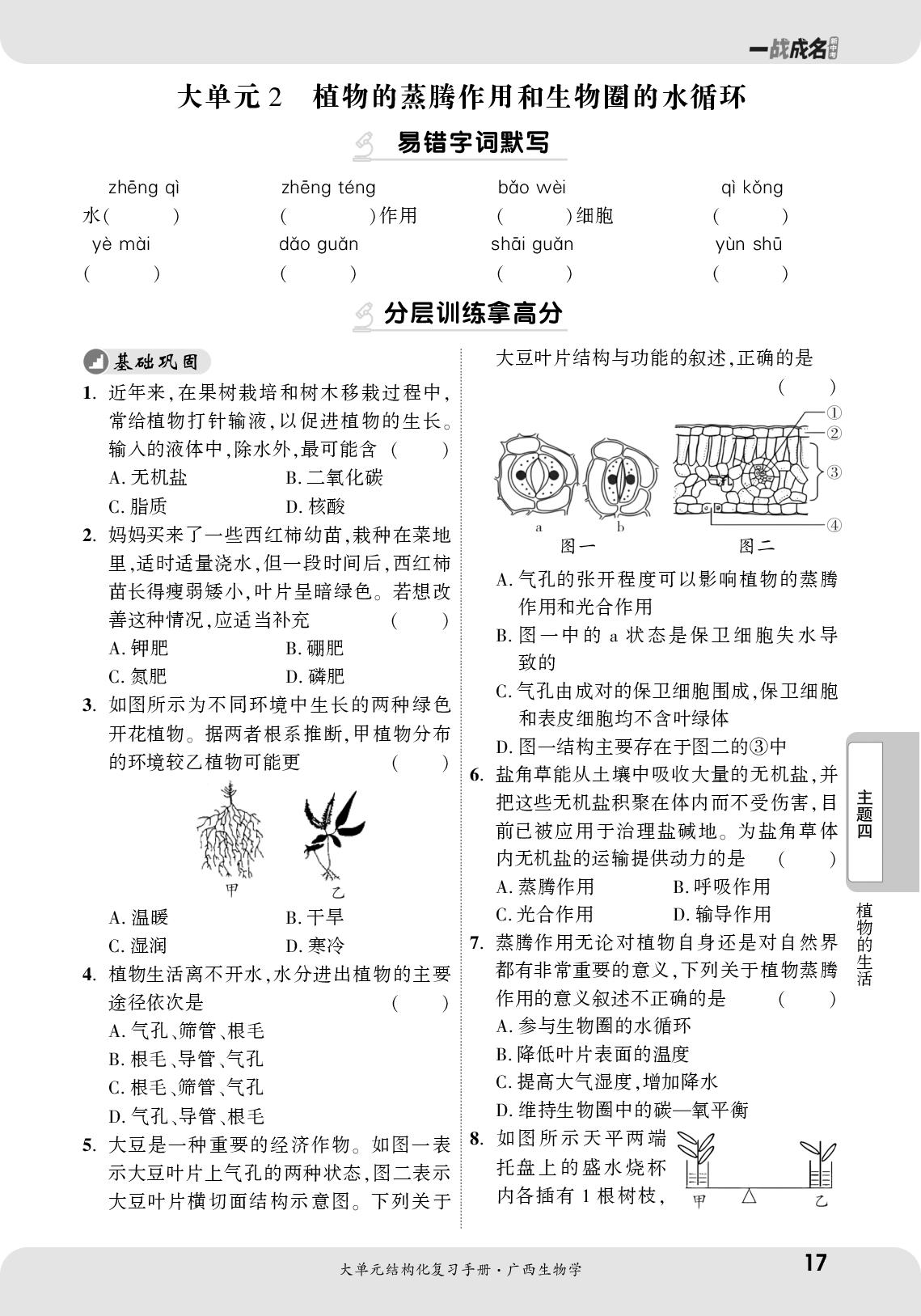 大单元2 植物的蒸腾作用和生物圈的水循环 强化巩固练-【一战成名新中考】2025广西中考生物·大单元结构化复习手册