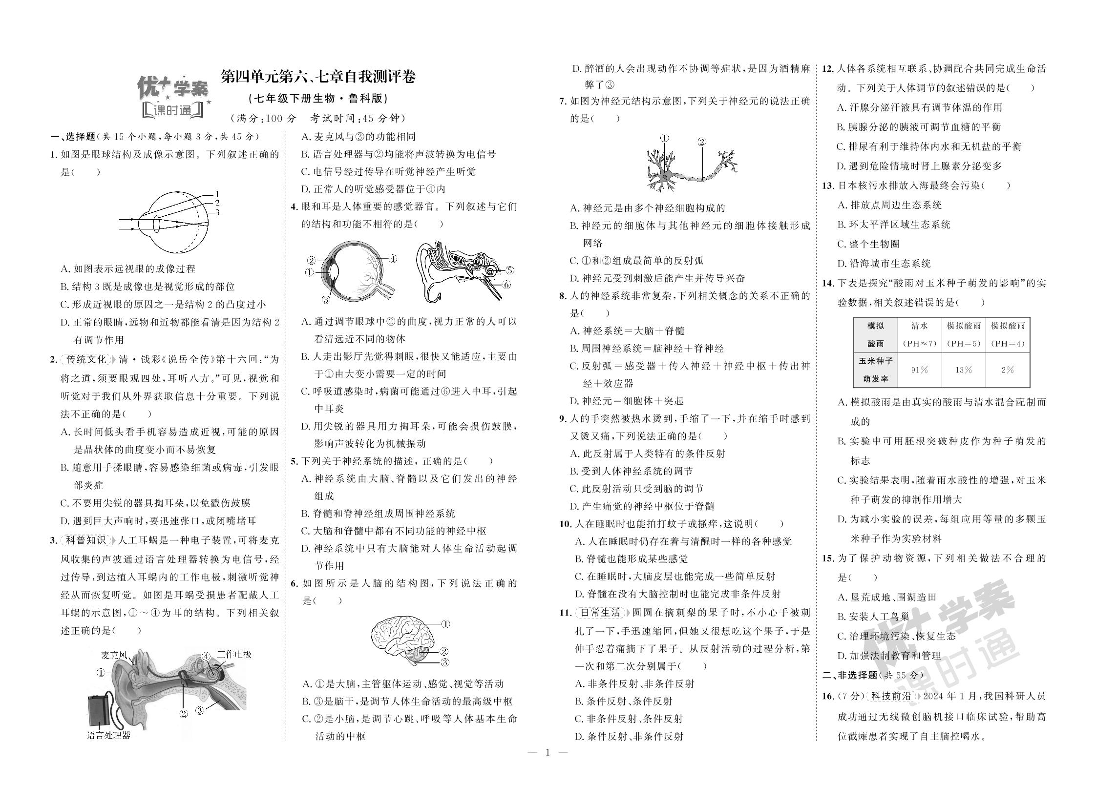 第4单元 第6、7章自我测评卷-【优+学案】2024-2025学年七年级下册生物课时通(鲁科版五四制)