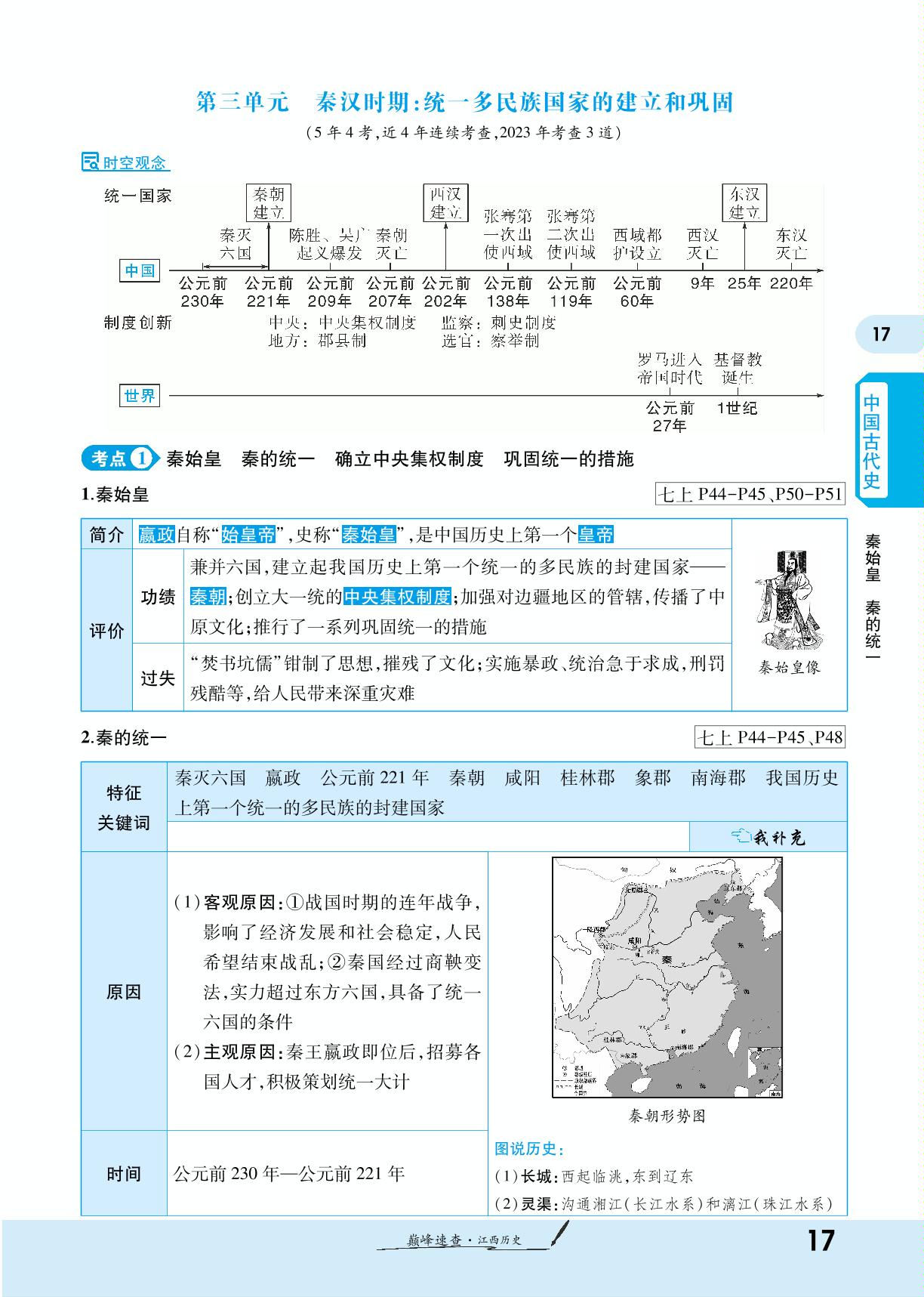 第三单元 秦汉时期：统一多民族国家的建立和巩固-【一战成名新中考】2024江西中考历史巅峰速查