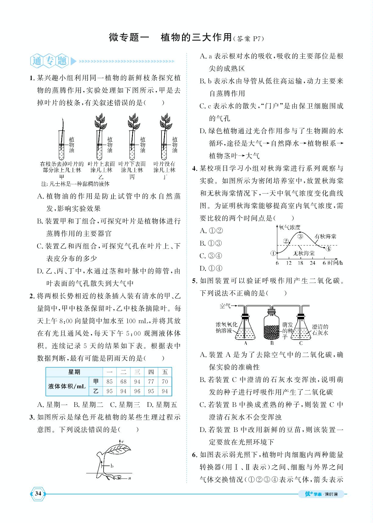 微专题1 植物的三大作用-【优+学案】2024-2025学年新教材七年级下册生物课时通(人教版2024)