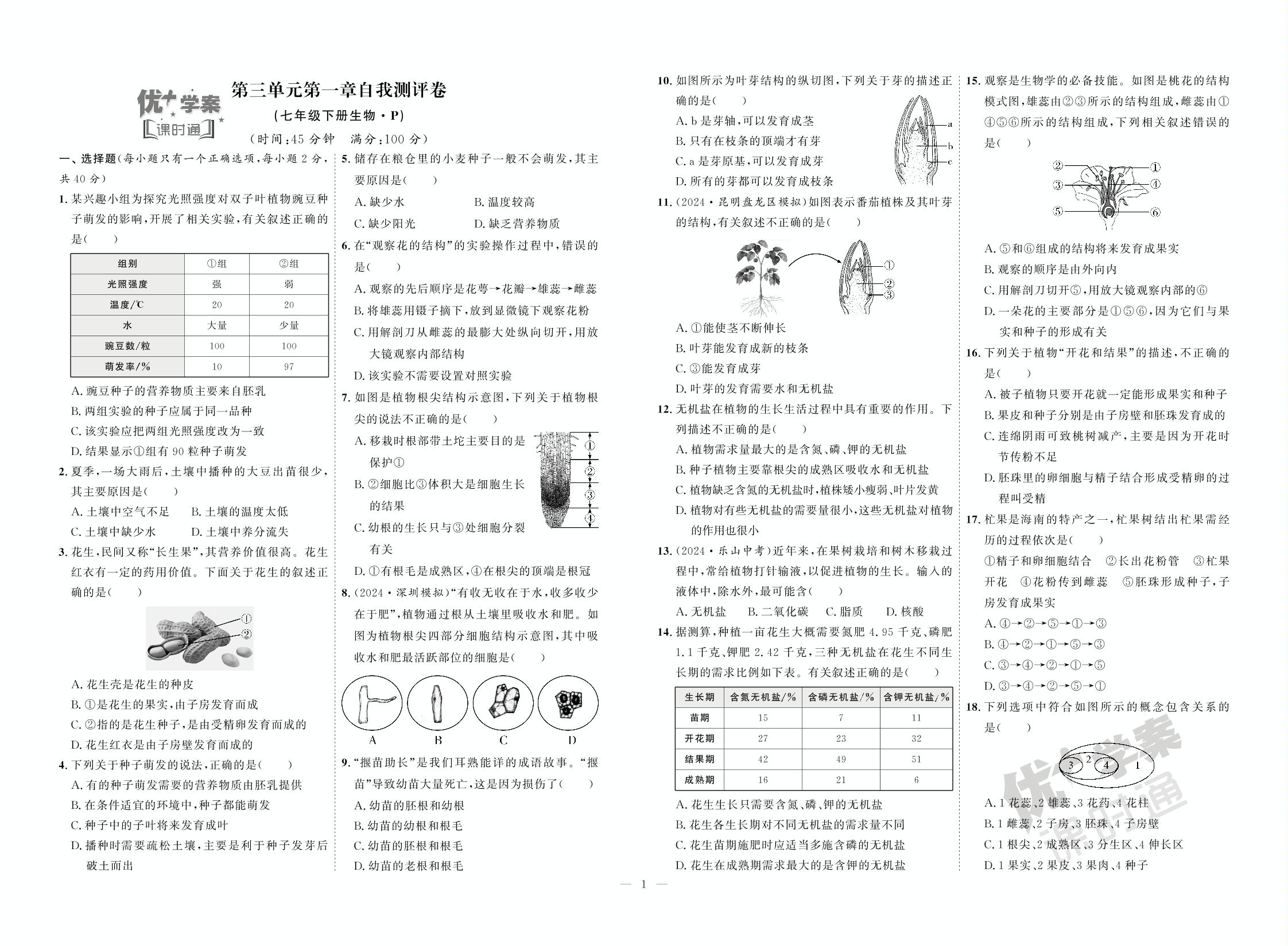 第3单元 第1章 被子植物的一生章末自我测评卷-【优+学案】2024-2025学年新教材七年级下册生物课时通(人教版2024)