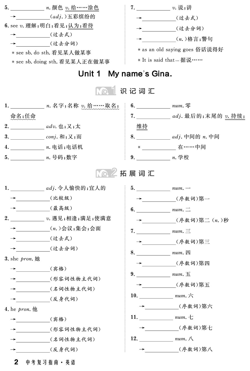七年级上 Units 1～4(含Starter Units)-【中考复习指南】2025年湖北新中考英语背默本（人教版）