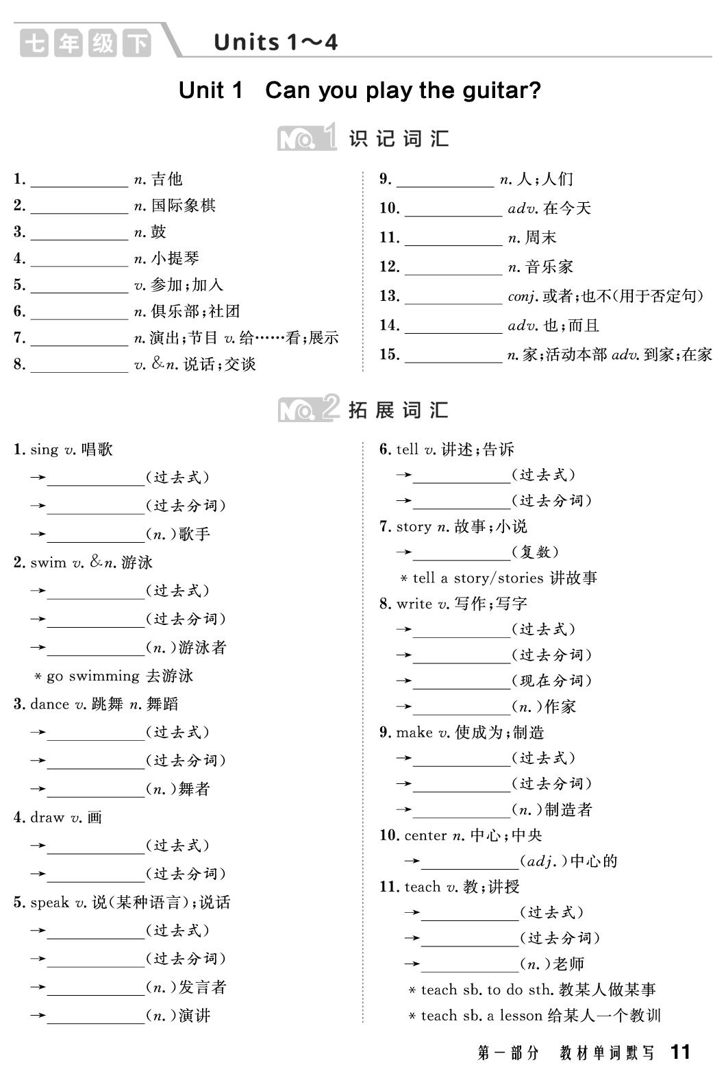 七年级下 Units 1～4-【中考复习指南】2025年湖北新中考英语背默本（人教版）