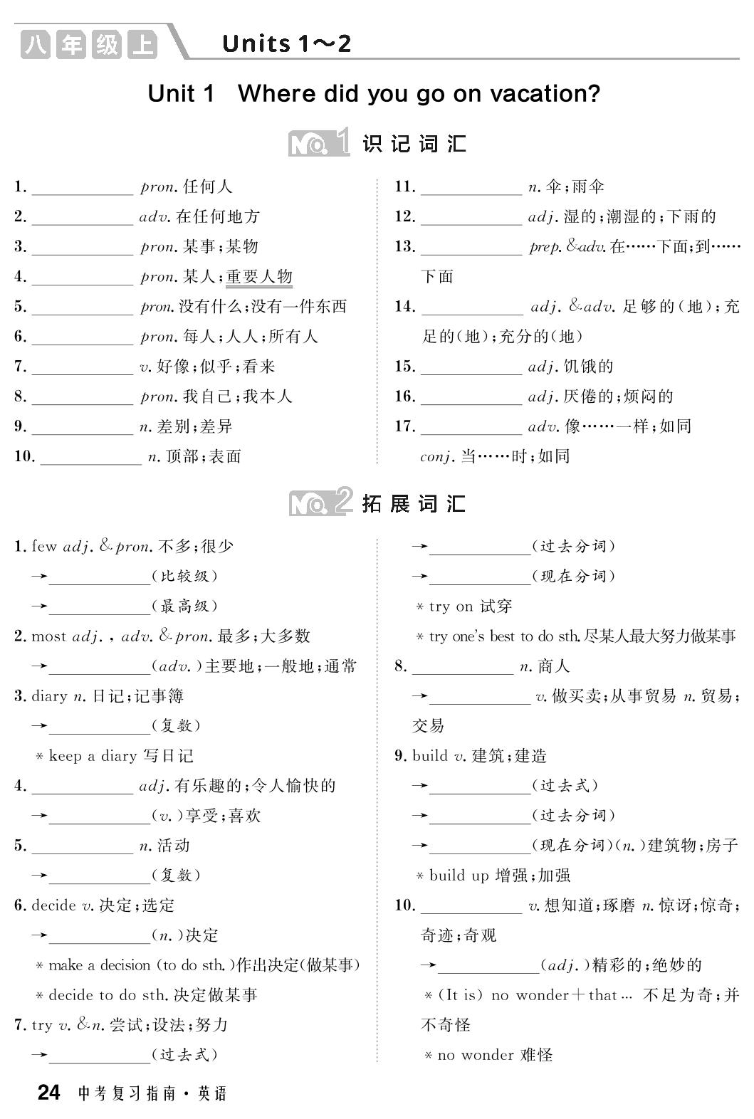 八年级上 Units 1～2-【中考复习指南】2025年湖北新中考英语背默本（人教版）