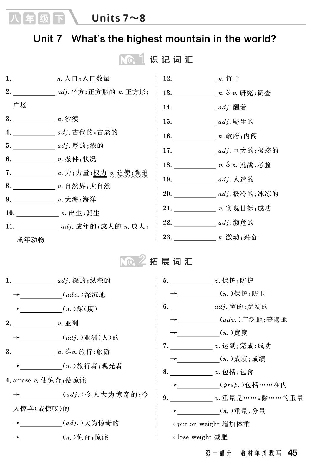 八年级下 Units 7～8-【中考复习指南】2025年湖北新中考英语背默本（人教版）