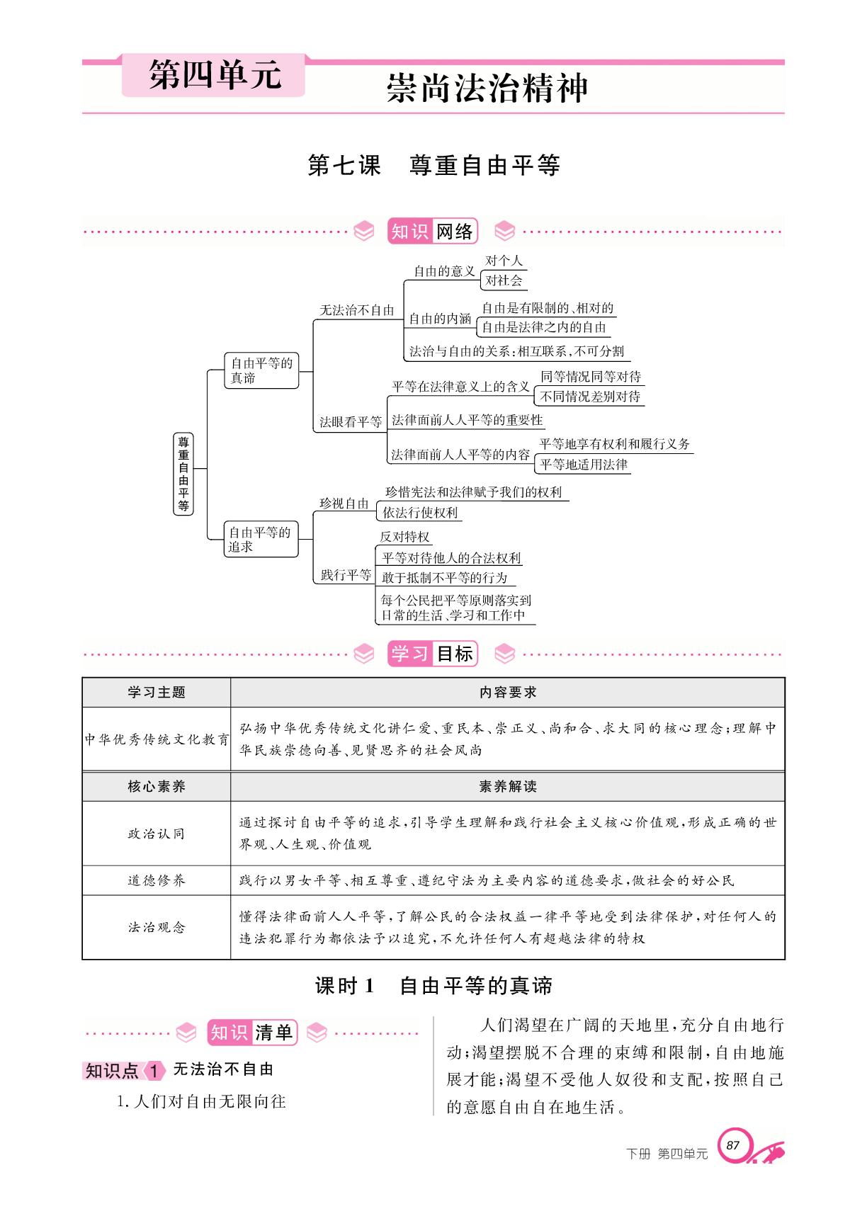 第四单元 第七课 尊重自由平等-【支点·同步系列】2024-2025学年八年级下册道德与法治（统编版）