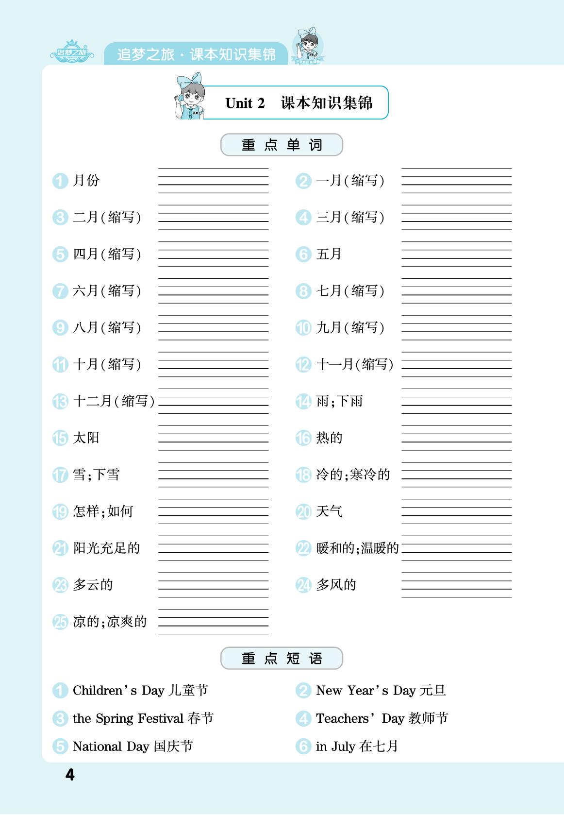 课本知识集锦-【追梦之旅·期末真题篇】2024-2025学年四年级英语下册（冀教版 三起 甘肃专用）