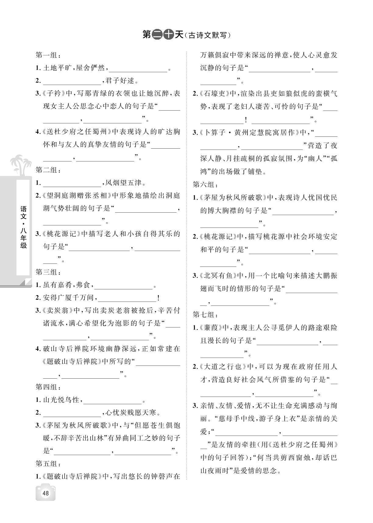 第二十天(古诗文默写)-【魔力暑假A计划】2024-2025学年八年级下册语文暑假作业（统编版）
