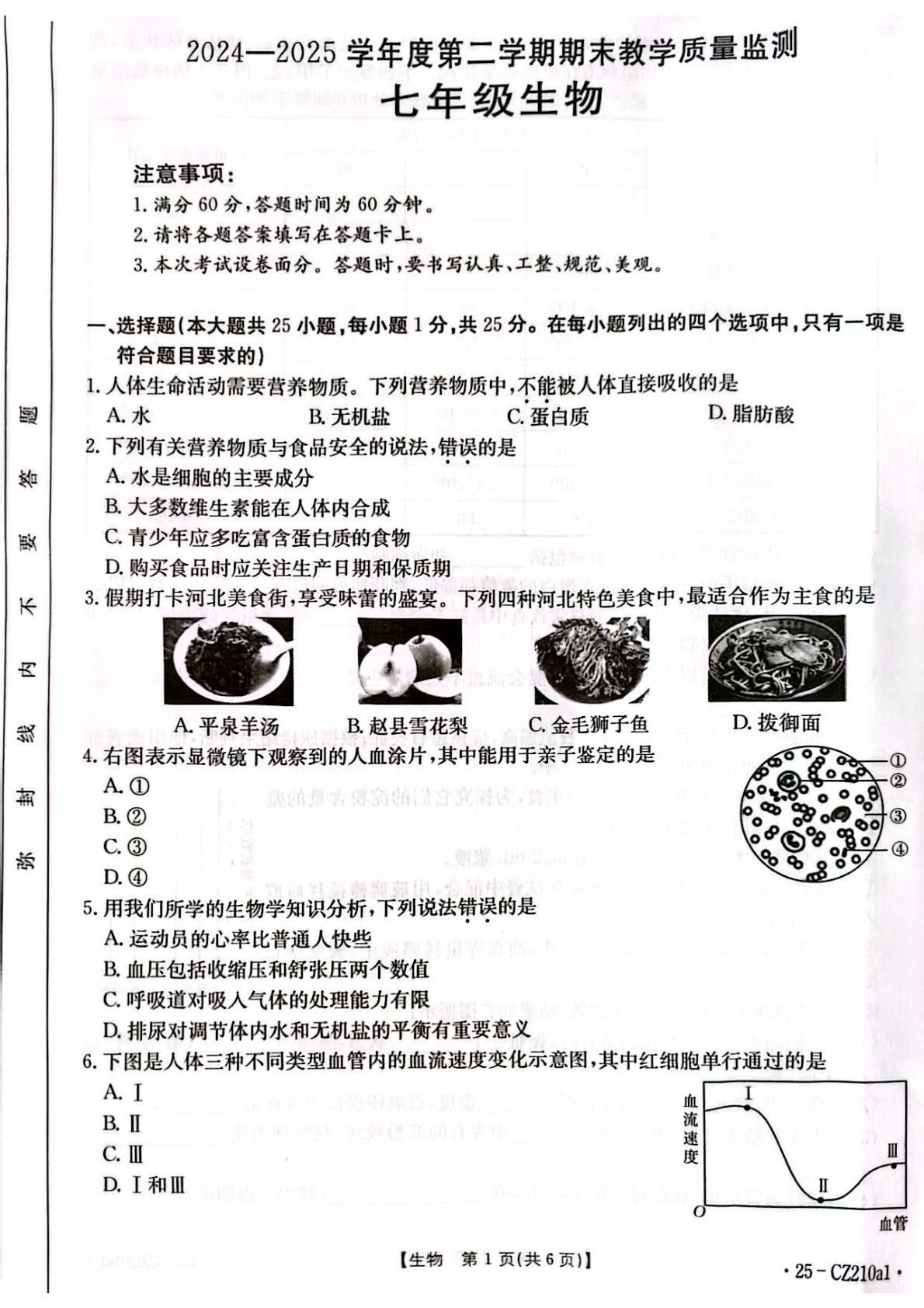 河北省保定市高碑店市2024-2025学年七年级下学期7月期末考试生物试题