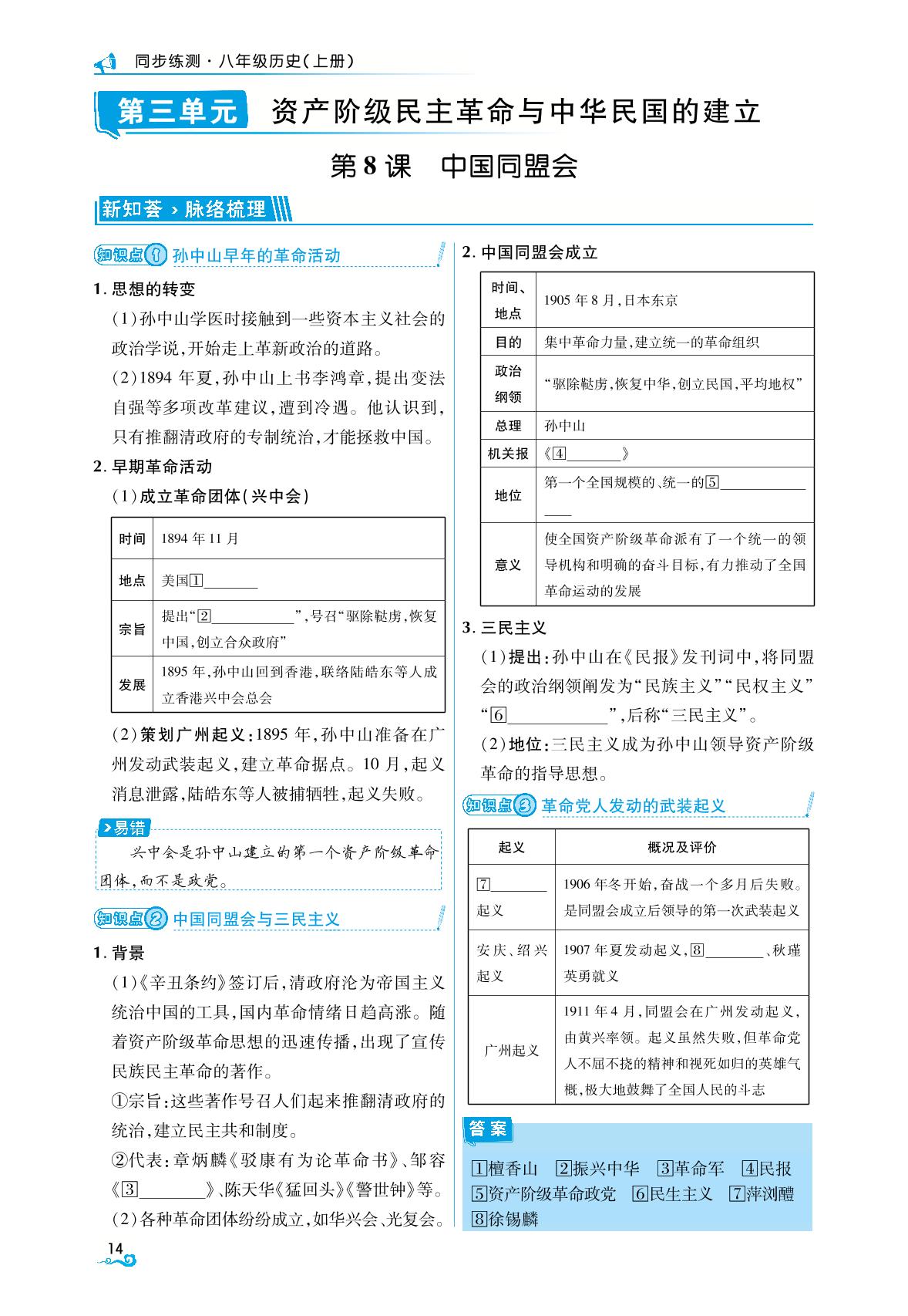 第3单元 资产阶级民主革命与中华民国的建立(重点知识集锦)-【勤径学升】2025-2026学年新教材八年级上册历史同步练测（统编版2024）