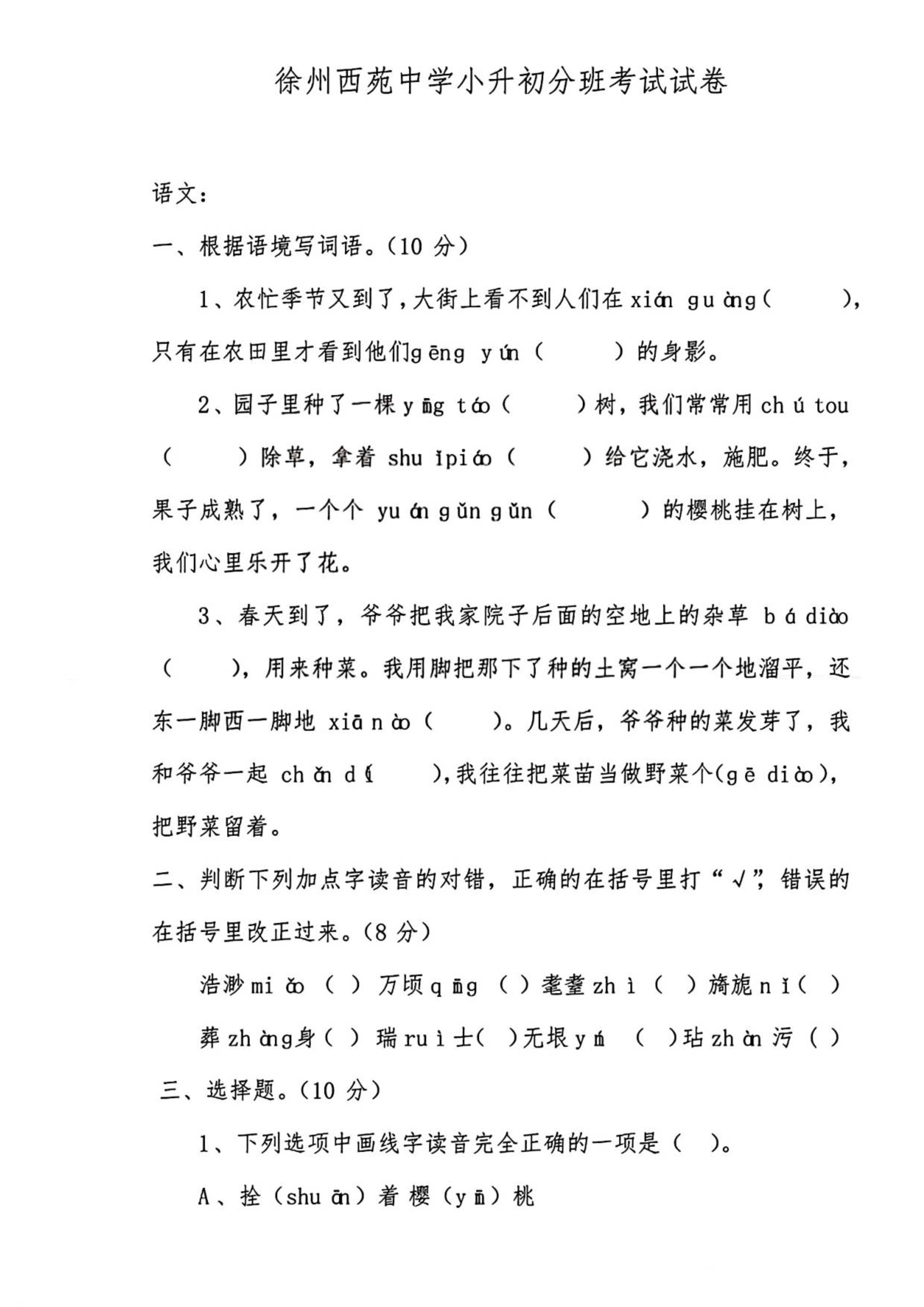 江苏省徐州市西苑中学2024-2025学年七年级上学期开学考试语文试题