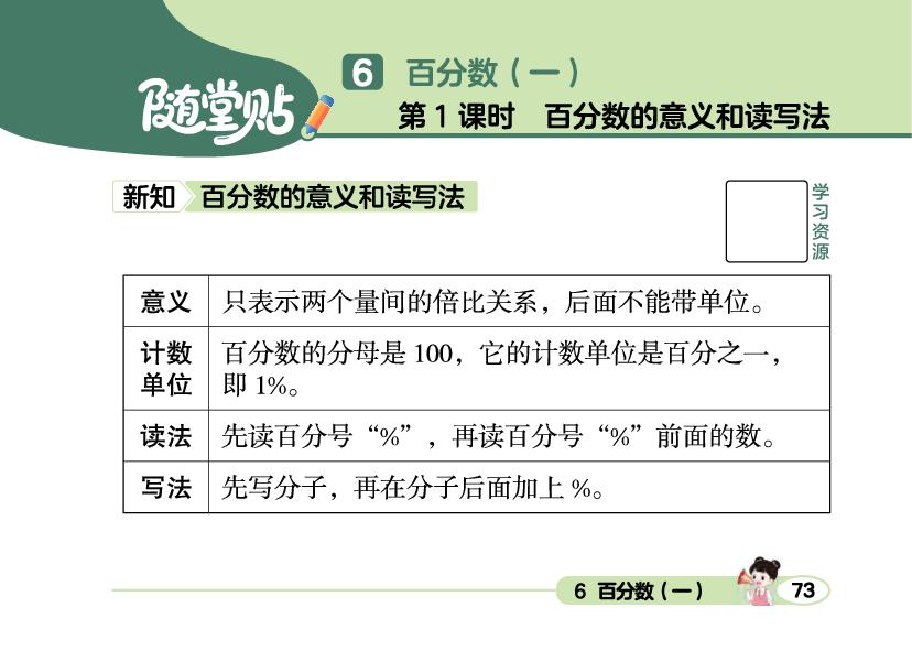 6 第1课时 百分数的意义和读写法-【荣恒随堂贴】2025-2026学年六年级上册数学同步预习册（人教版）