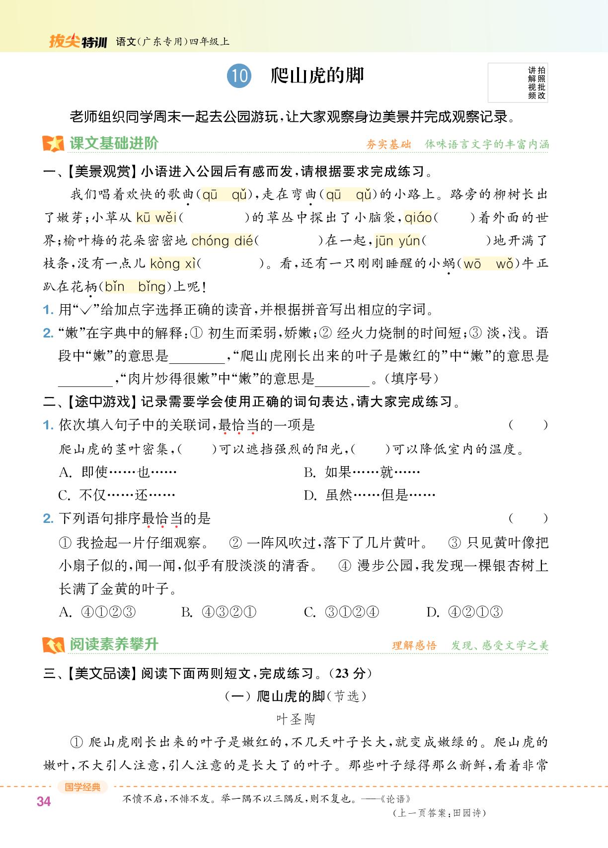 10 爬山虎的脚-【拔尖特训】2025-2026学年四年级上册语文（统编版 广东专版）