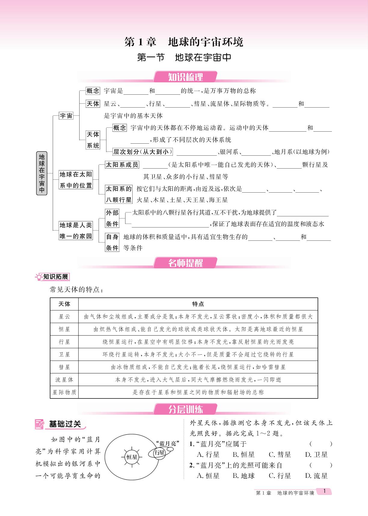 第1章 第1节 地球在宇宙中-【鸿鹄志·名师测控】2025-2026学年新教材七年级上册地理（中图版2024 陕西专版）