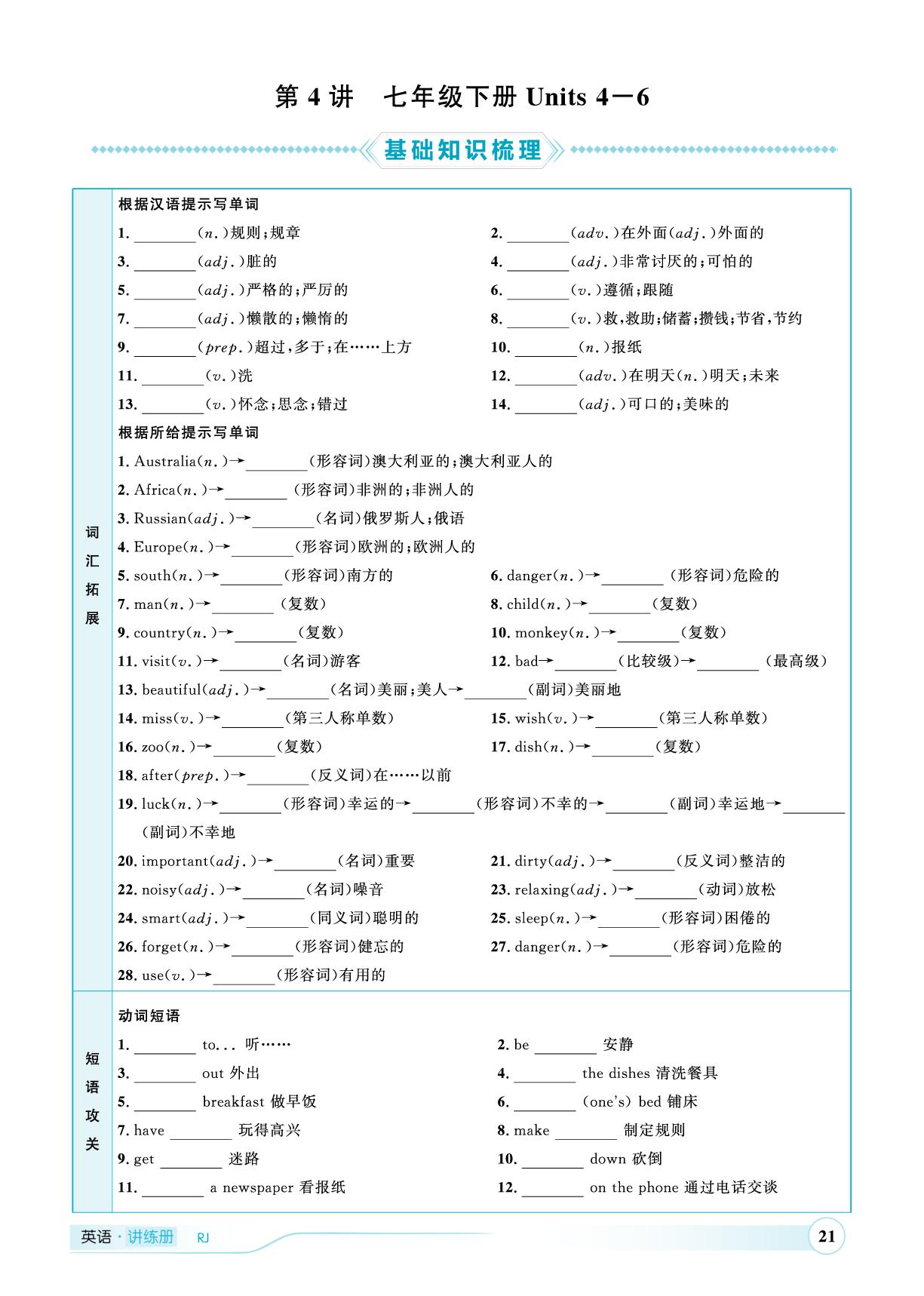 第4讲 七年级下册Units 4-6-（讲练）【优+学案·赢在中考】2025年中考英语总复习 人教版（枣庄专用）