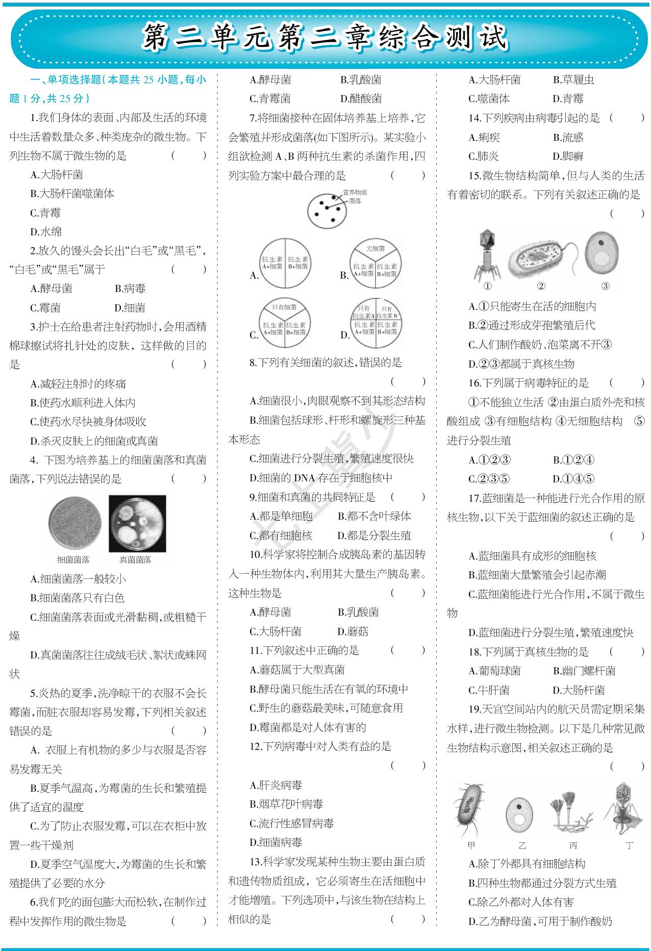 第2单元第2章微生物综合测试-【少年素质教育报】2025-2026学年新教材七年级上册生物一本通（冀少版2024）