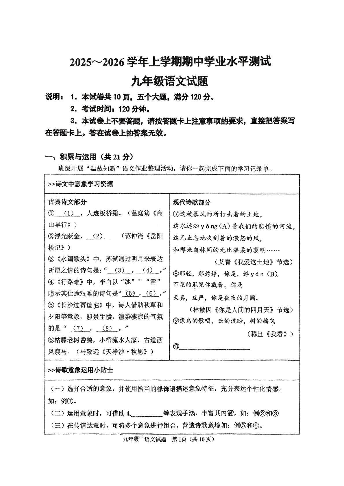 河南省郑州市桐柏一中教育集团2025-2026学年九年级上学期11月期中语文试题