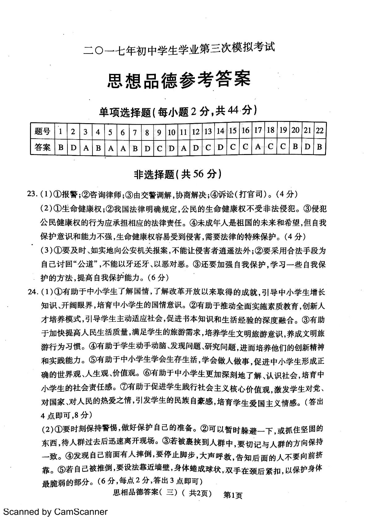 []山东省聊城市莘县2017届九年级下学期第三次模拟考试政治试题（扫描版）