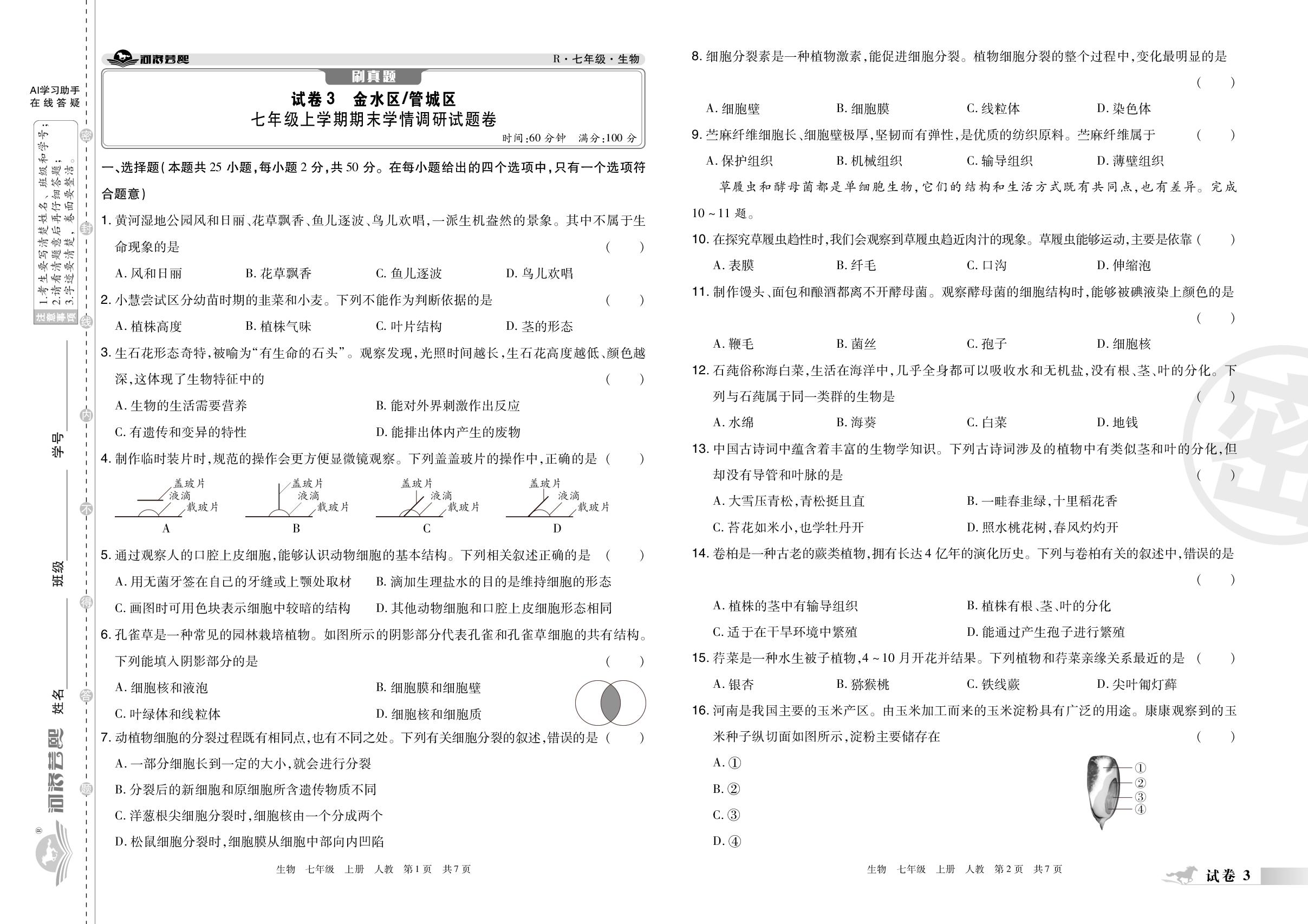 试卷3 河南省郑州市金水区管城区2024-2025学年上学期期末学情调研试题卷-【芸熙百分】2025-2026学年七年级生物上册期末必刷卷（人教版·新教材）郑州专版
