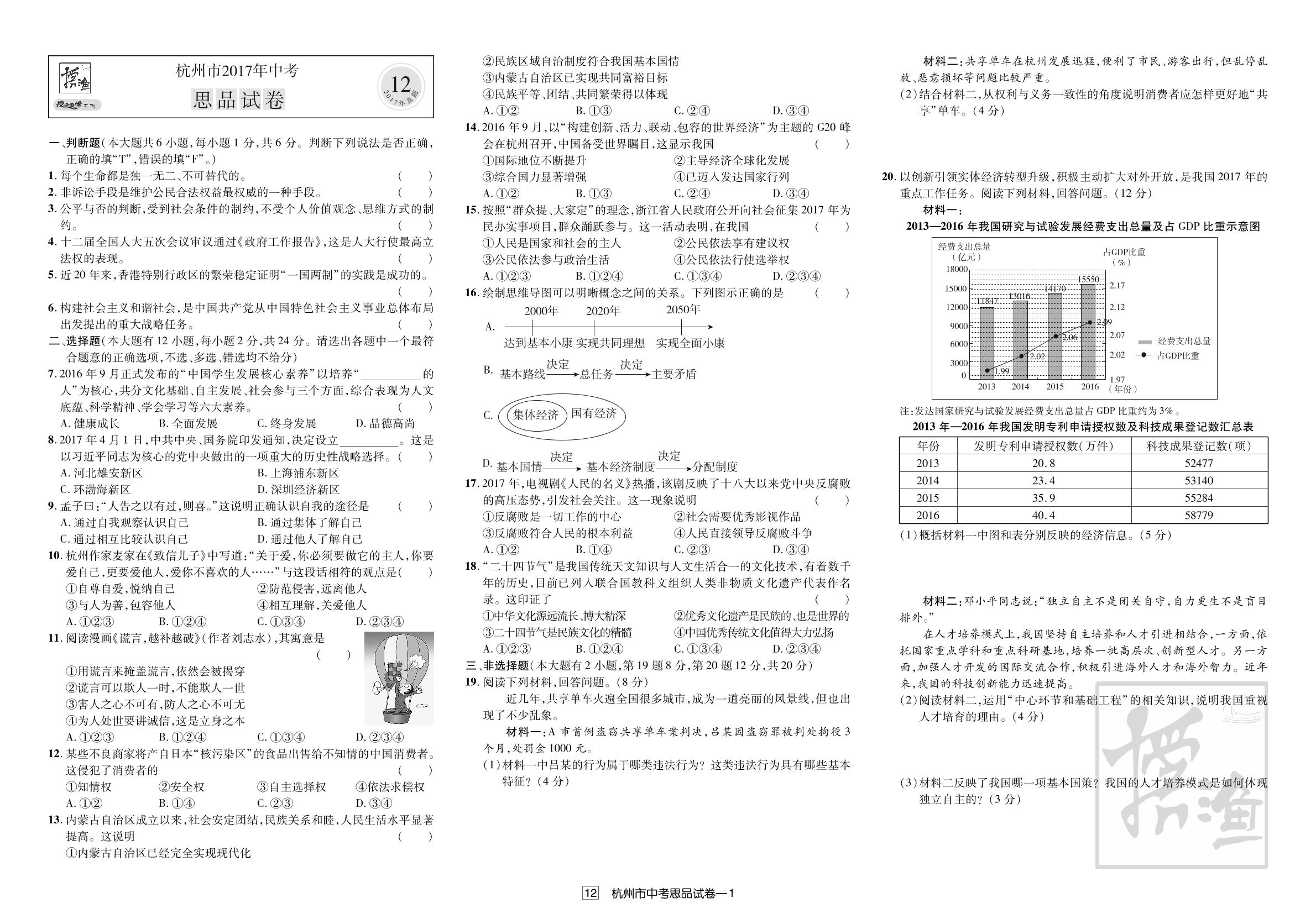 浙江省杭州市2017年中考思想品德试卷（真题解析）