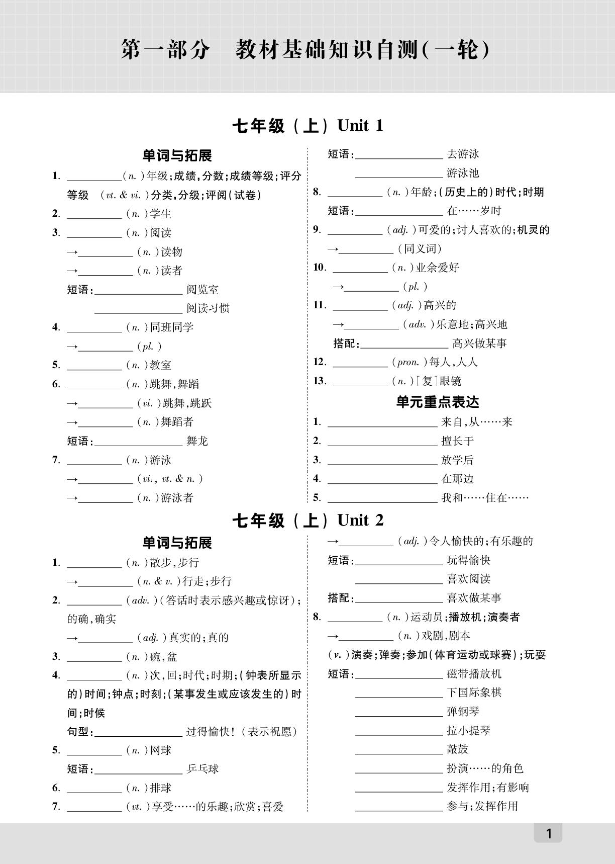 七年级（上）Unit 1-Unit 4-【众相原创·赋能中考】2026年中考英语教材·课标两轮过词汇（译林版 广西专用）