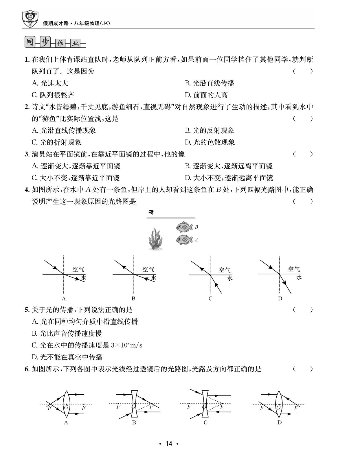 第一部分 寒假作业4 光的世界-【假期成才路·寒假】2025-2026学年八年级物理复习与衔接（教科版·新教材）
