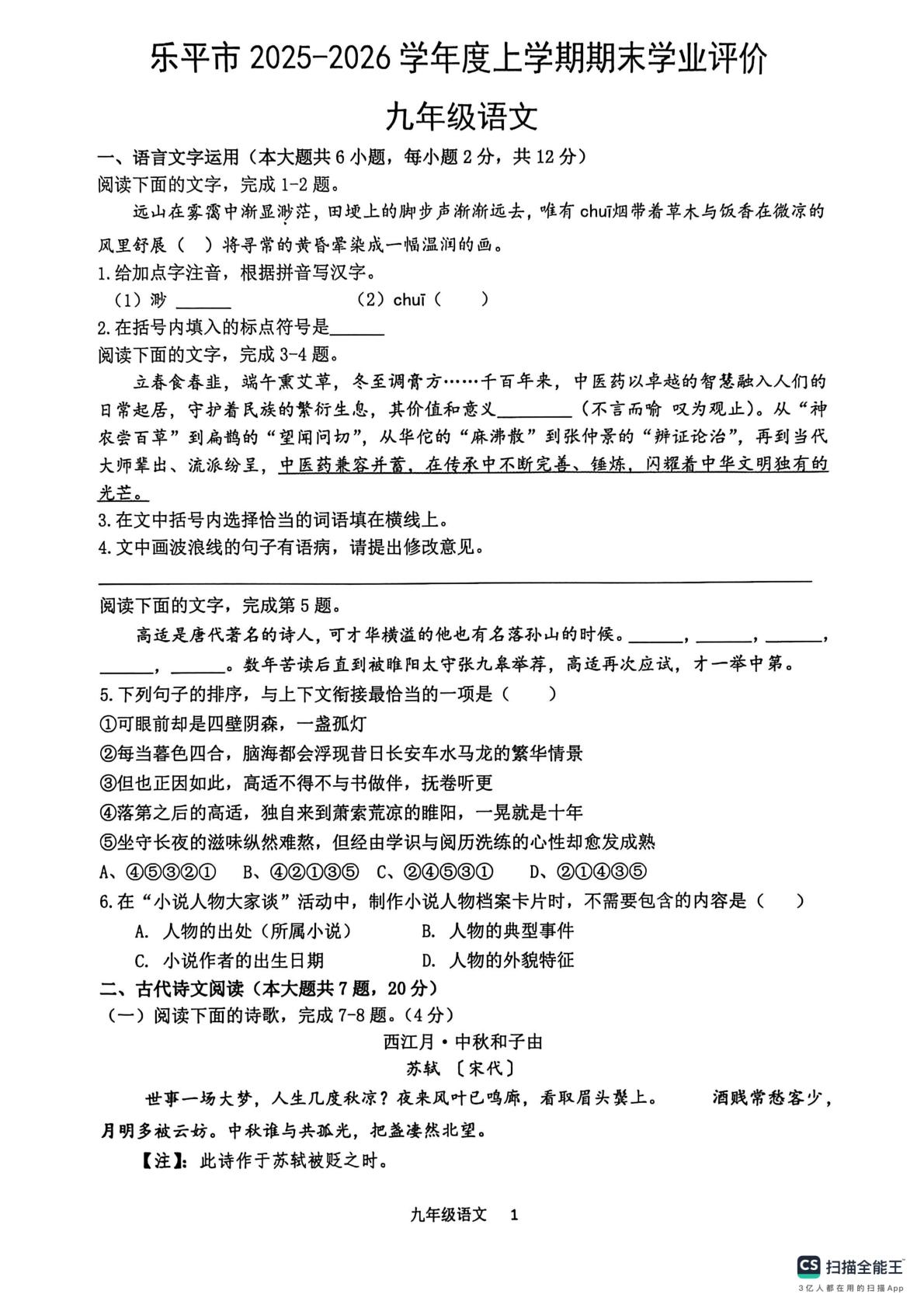 江西省景德镇市乐平市2025-2026学年度上学期期末学业评价九年级语文试卷