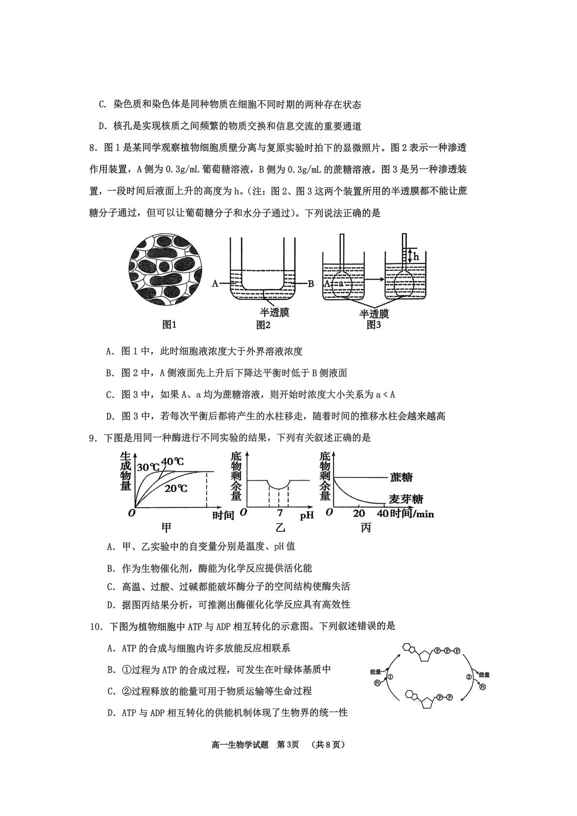 贵州铜仁市2026年1月期末质量监测试题高一年级生物学