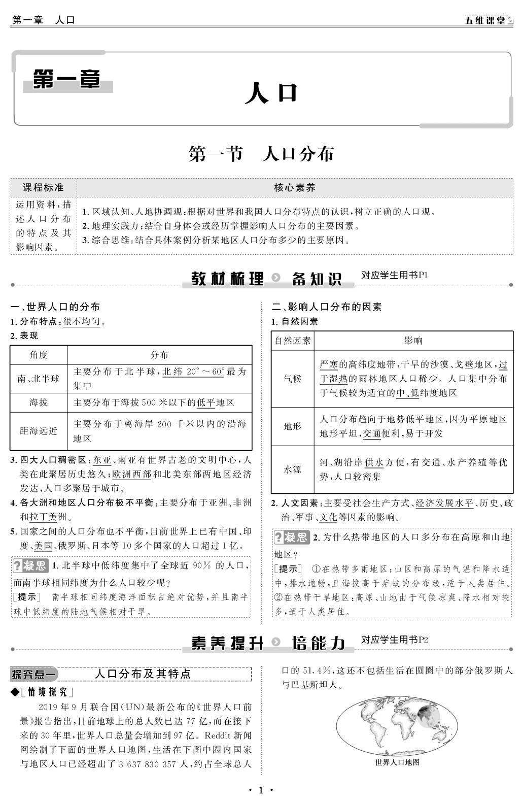 （教师版）1 第一章 第一节 人口分布-【创新教程】2025-2026学年高中地理必修第二册五维课堂同步复习（人教版）
