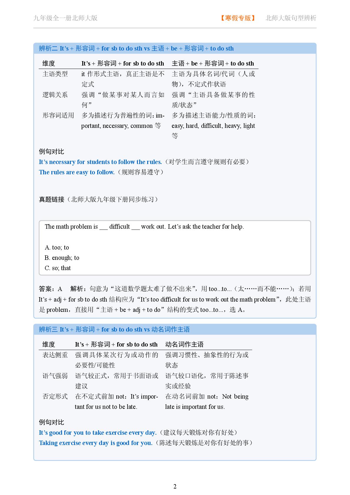 It's 形容词 for sb to do sth-2025-2026学年九年级英语全一册句型辨析（北师大版）