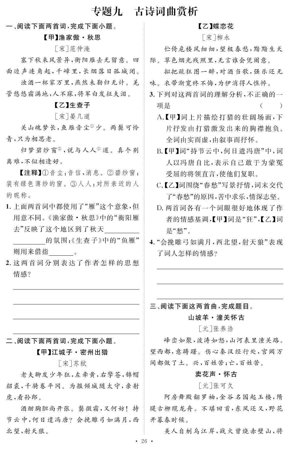专题9 古诗词曲赏析-【精英新课堂·三点分层作业】2025-2026学年九年级下册语文（统编版）湖南专版