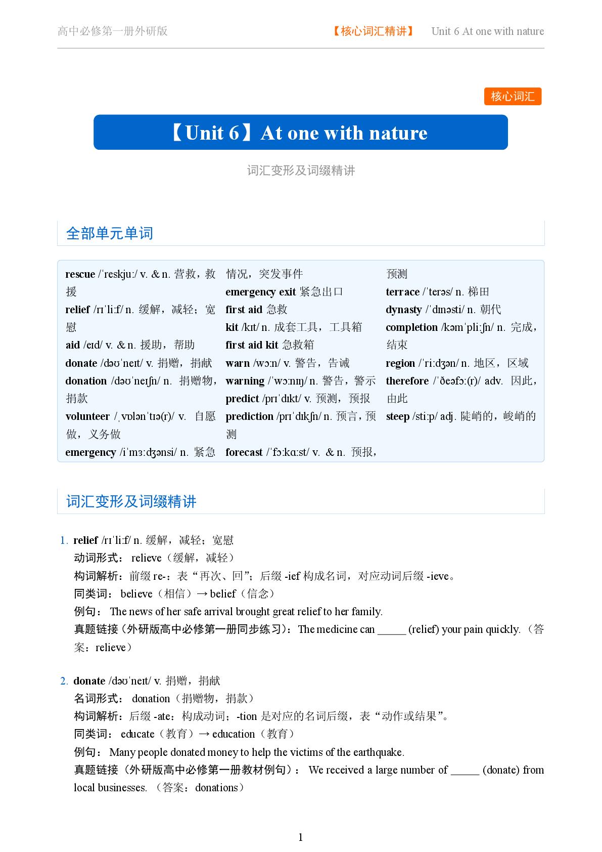 Unit 6 At one with nature 二-2025-2026学年高中英语词汇变形及词缀精讲必修第一册（外研版）