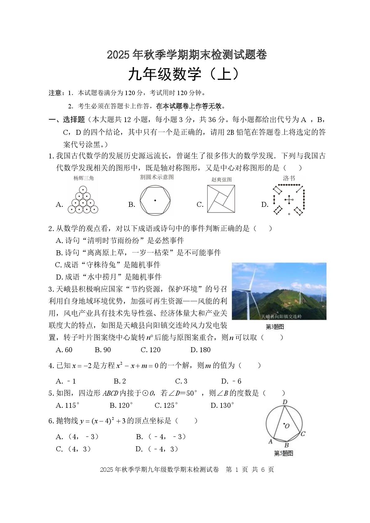 广西河池市天峨县2025-2026学年上学期期末检测九年级数学试题卷