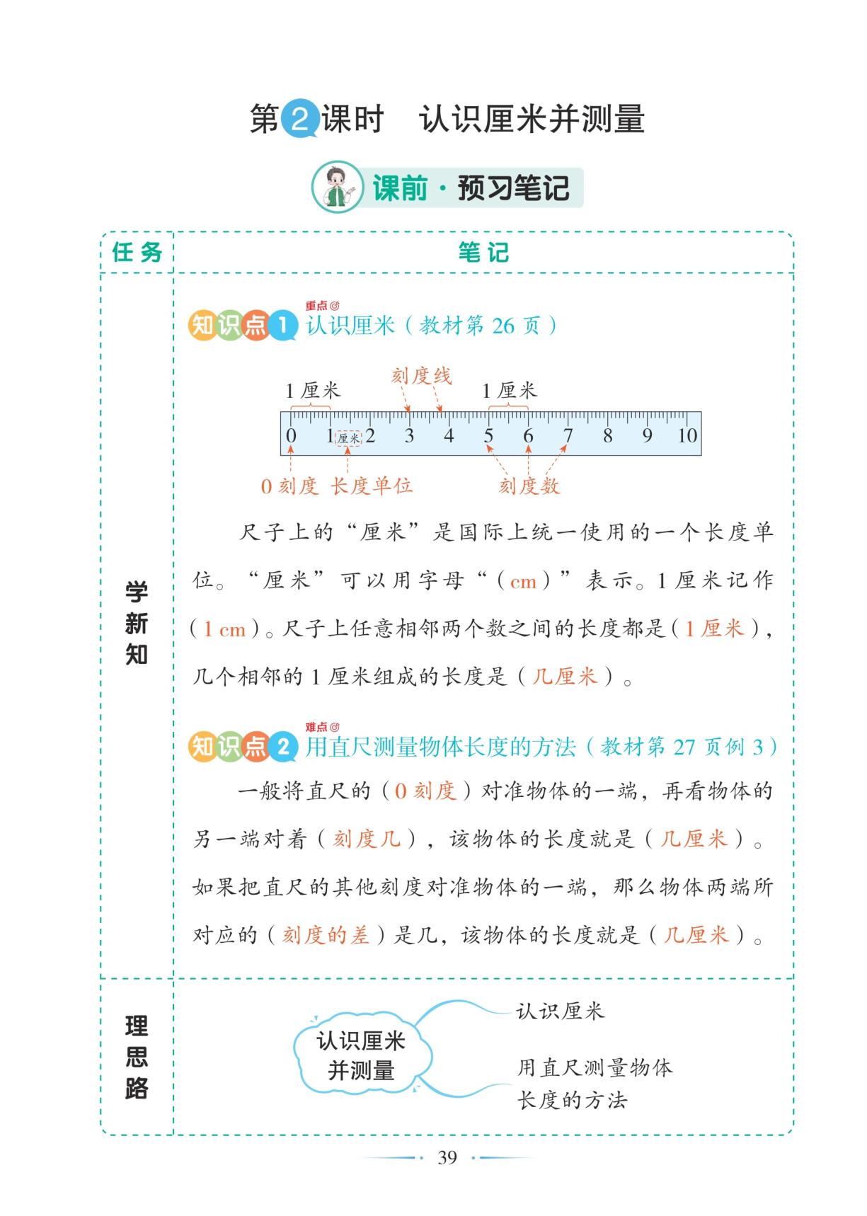 第2课时认识厘米并测量-【随堂笔记】2025-2026学年二年级下册数学（冀教版·新教材）