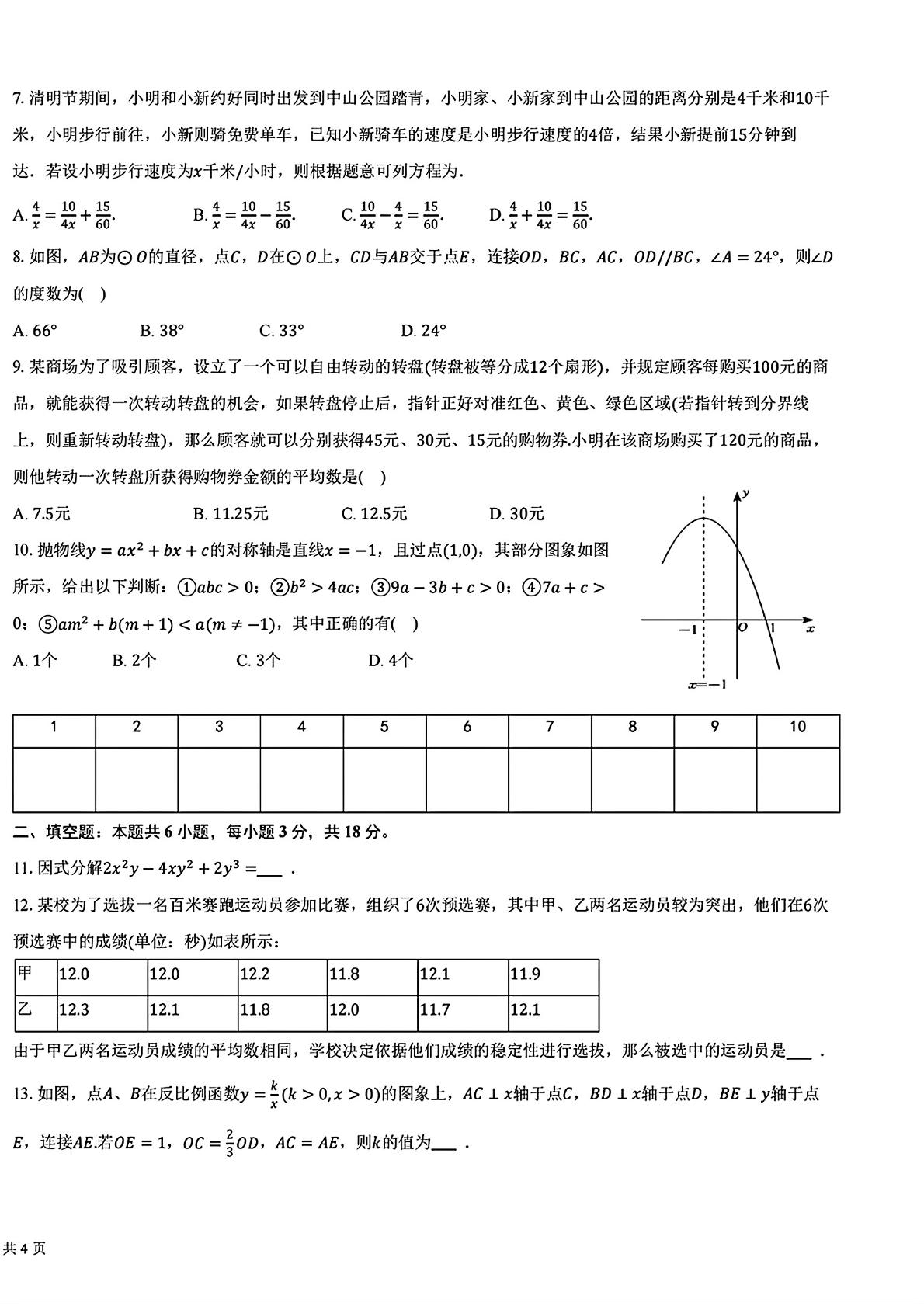 山东青岛大学附属中学2025—2026学年第二学期九年级数学考前模拟测试卷