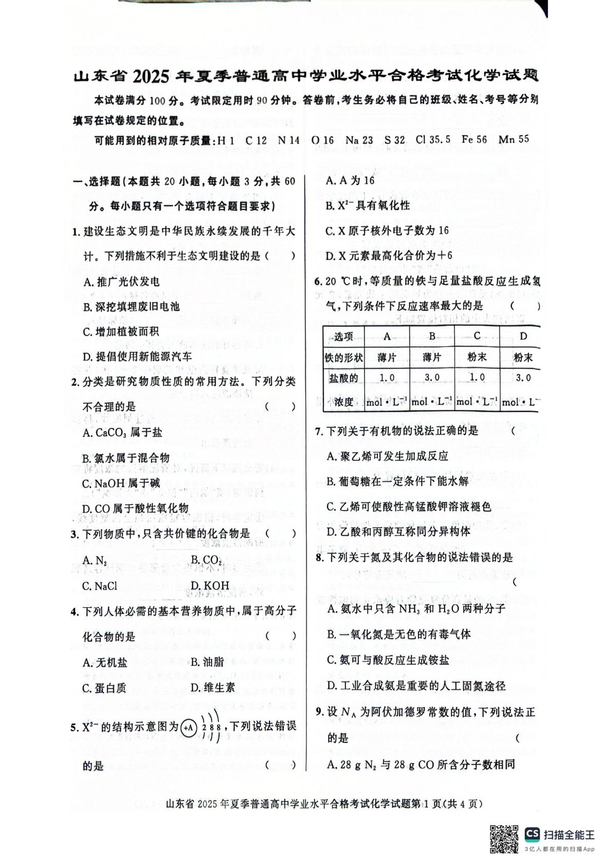 山东省2025年夏季普通高中学业水平合格考试 化学试题