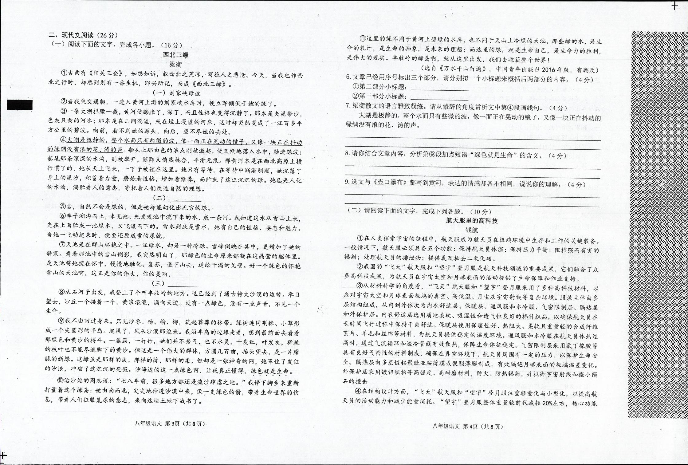 河南信阳市平桥区2025-2026学年下学期第二次质量调研八年级语文试卷