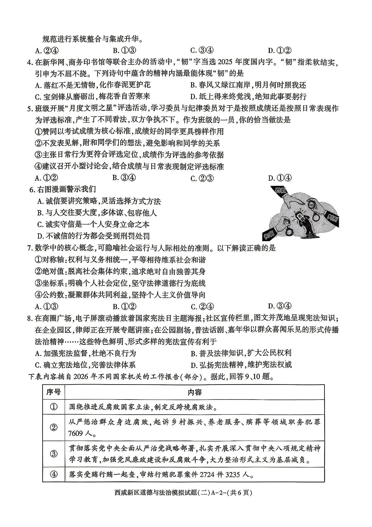 2026年陕西西安市西咸新区初中学业水平考试模拟试题(二) 道德与法治试卷