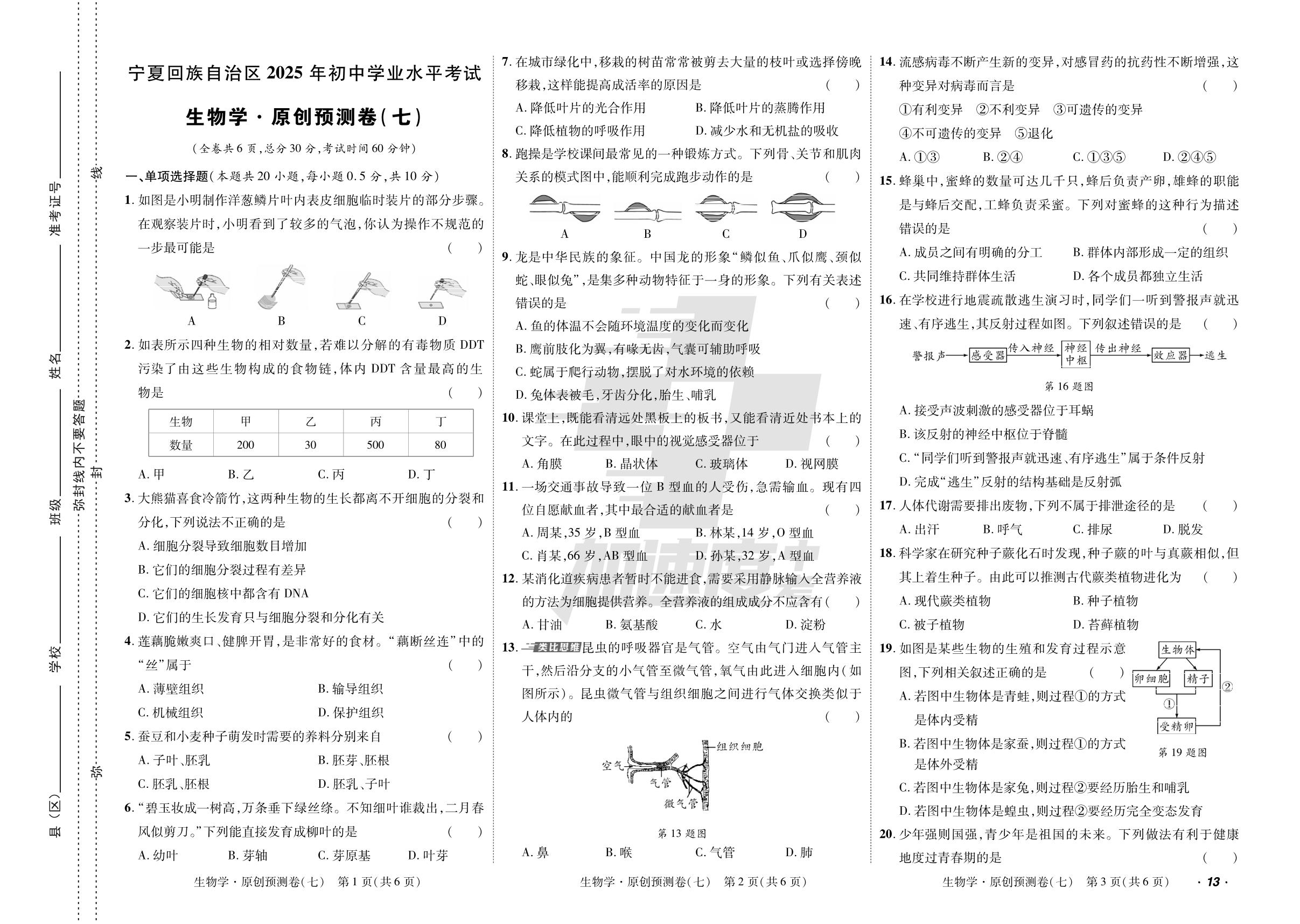 7.宁夏回族自治区2025年初中毕业水平考试 生物学 原创预测卷（七）