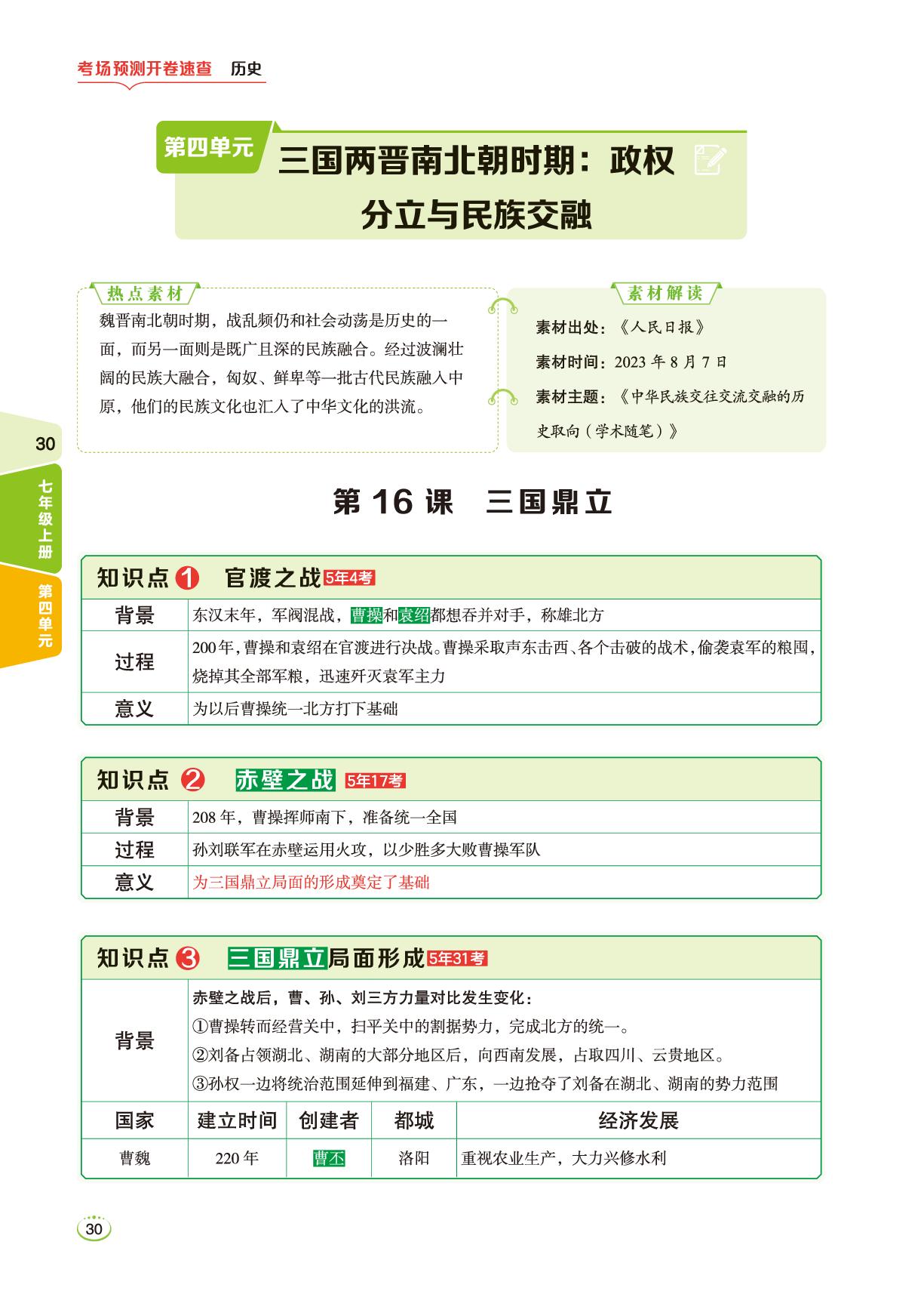 七上 第4单元 三国两晋南北朝时期：政权分立与民族交融-2026年初中历史考场预测 开卷速查