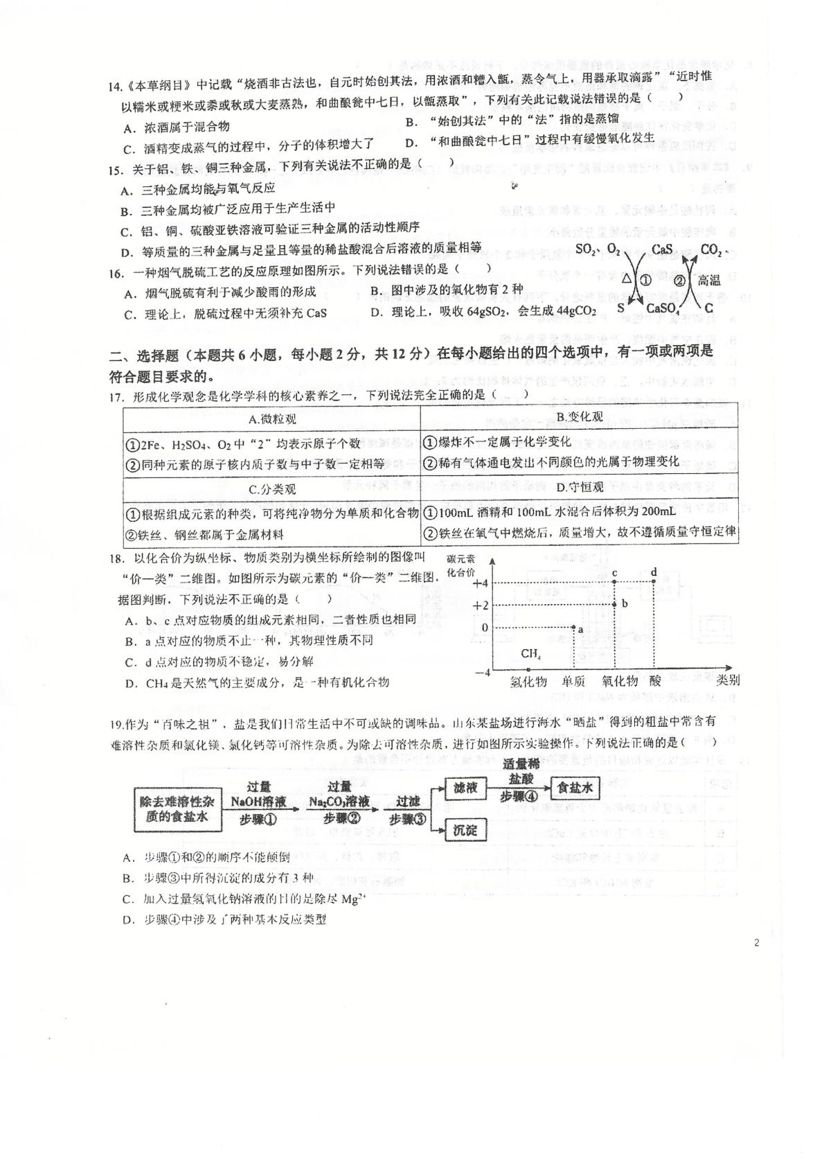 2026山东青岛大学附属中学中考考前自测化学试题