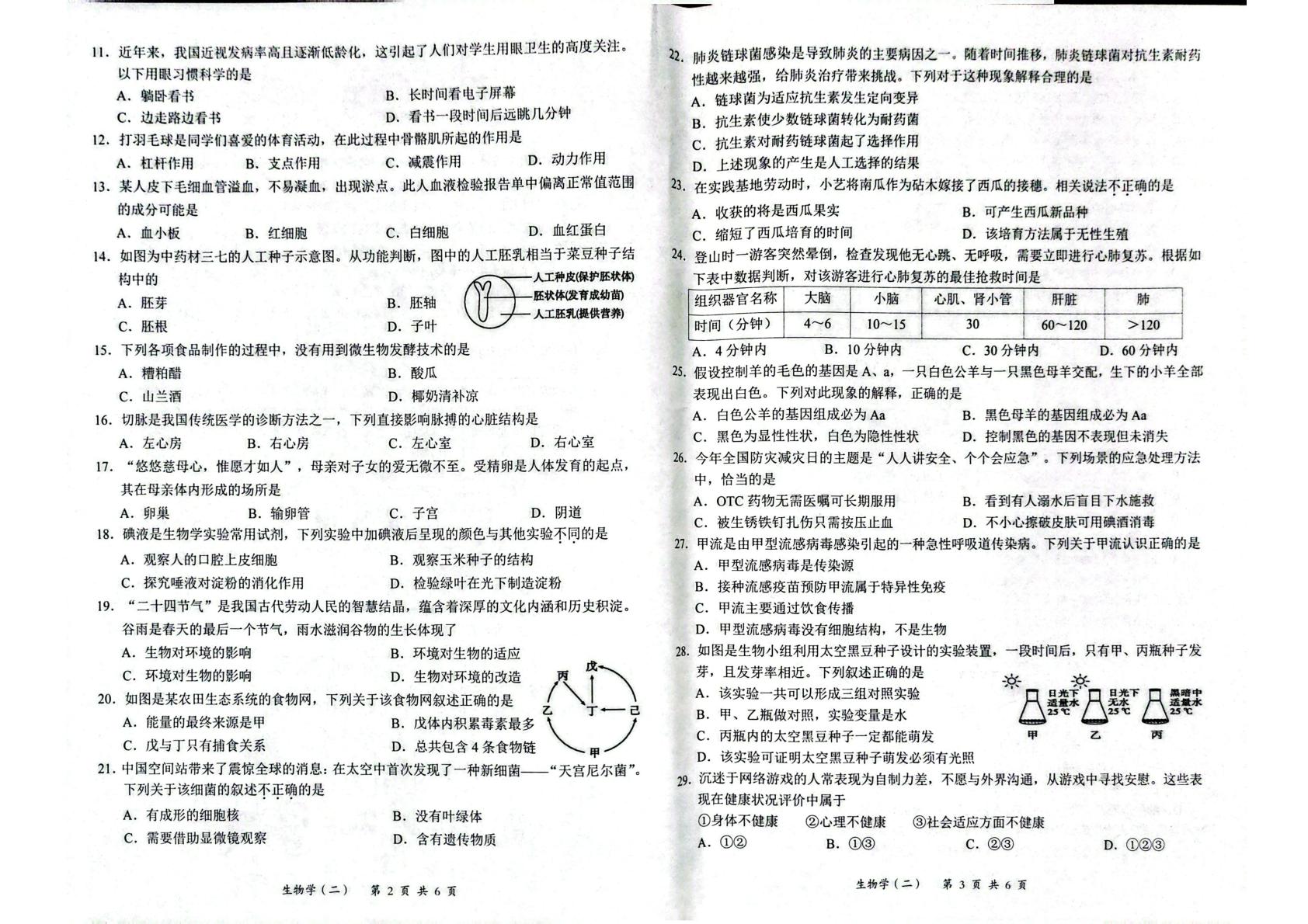 2026年海南儋州市第四中学初中毕业生学业水平模拟考试生物学科试题（二）